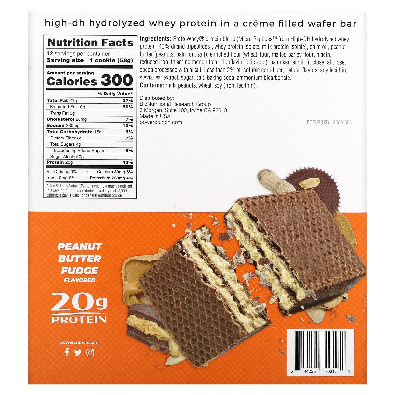 BNRG, Power Crunch Protein Energy Bar, PRO, помадка с арахисовым маслом, 12 батончиков по 2 унции (58 г) каждый