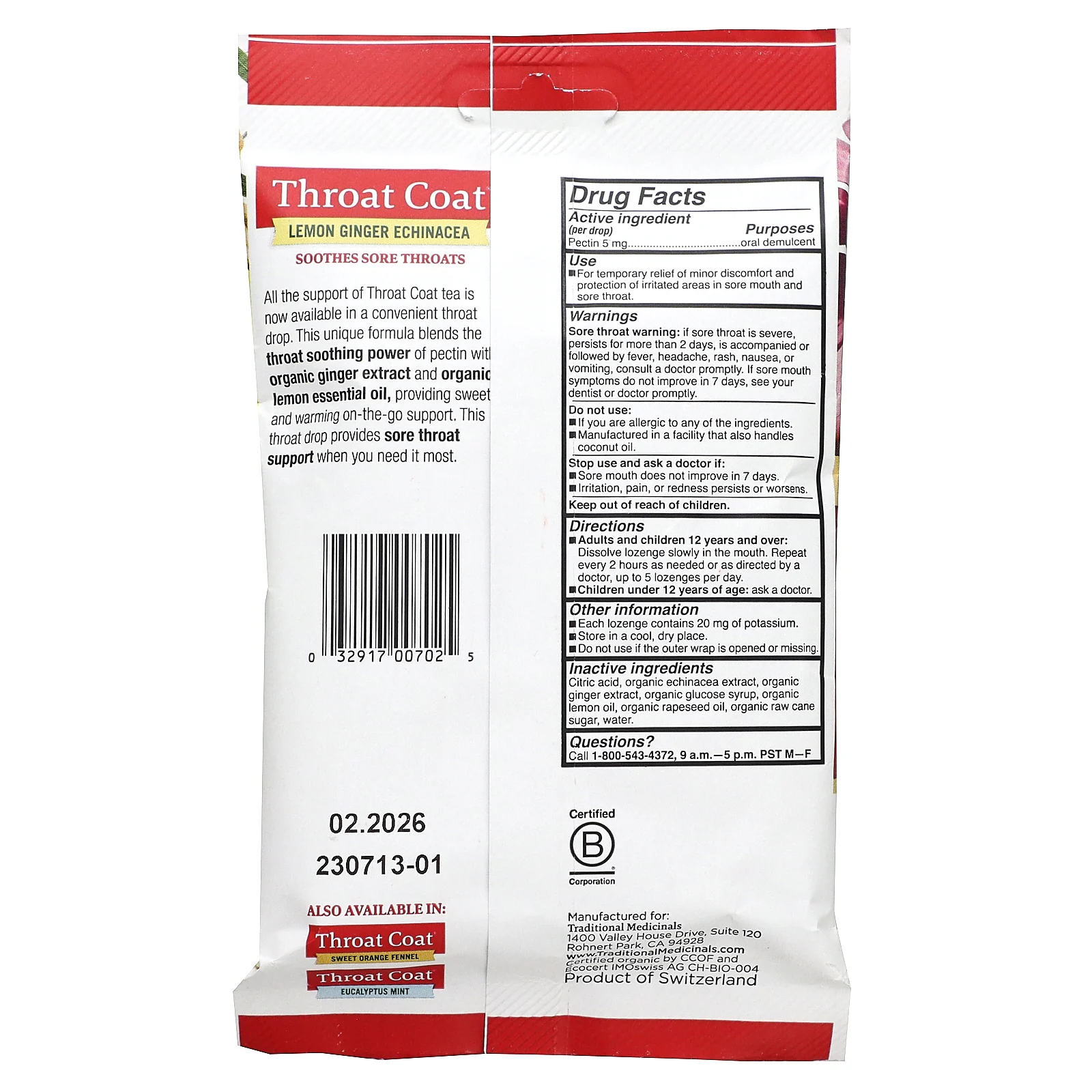 Traditional Medicinals, Органические капли для горла, лимонно-имбирь и эхинацея, 16 капель для горла с пектином