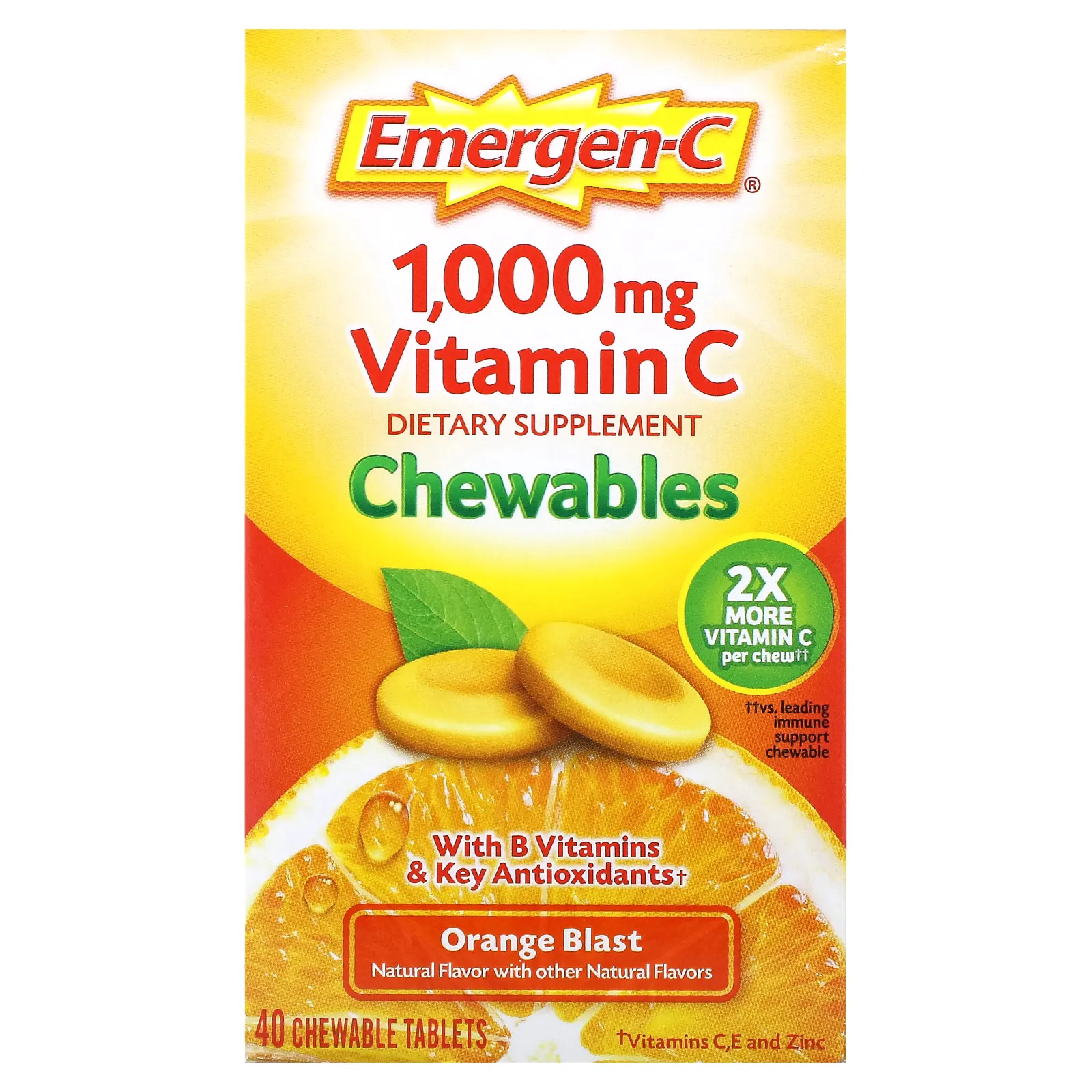 Emergen-C, жевательные таблетки с витамином C, со вкусом апельсина, 1000 мг, 40 жевательных таблеток (500 мг в 1 таблетке)