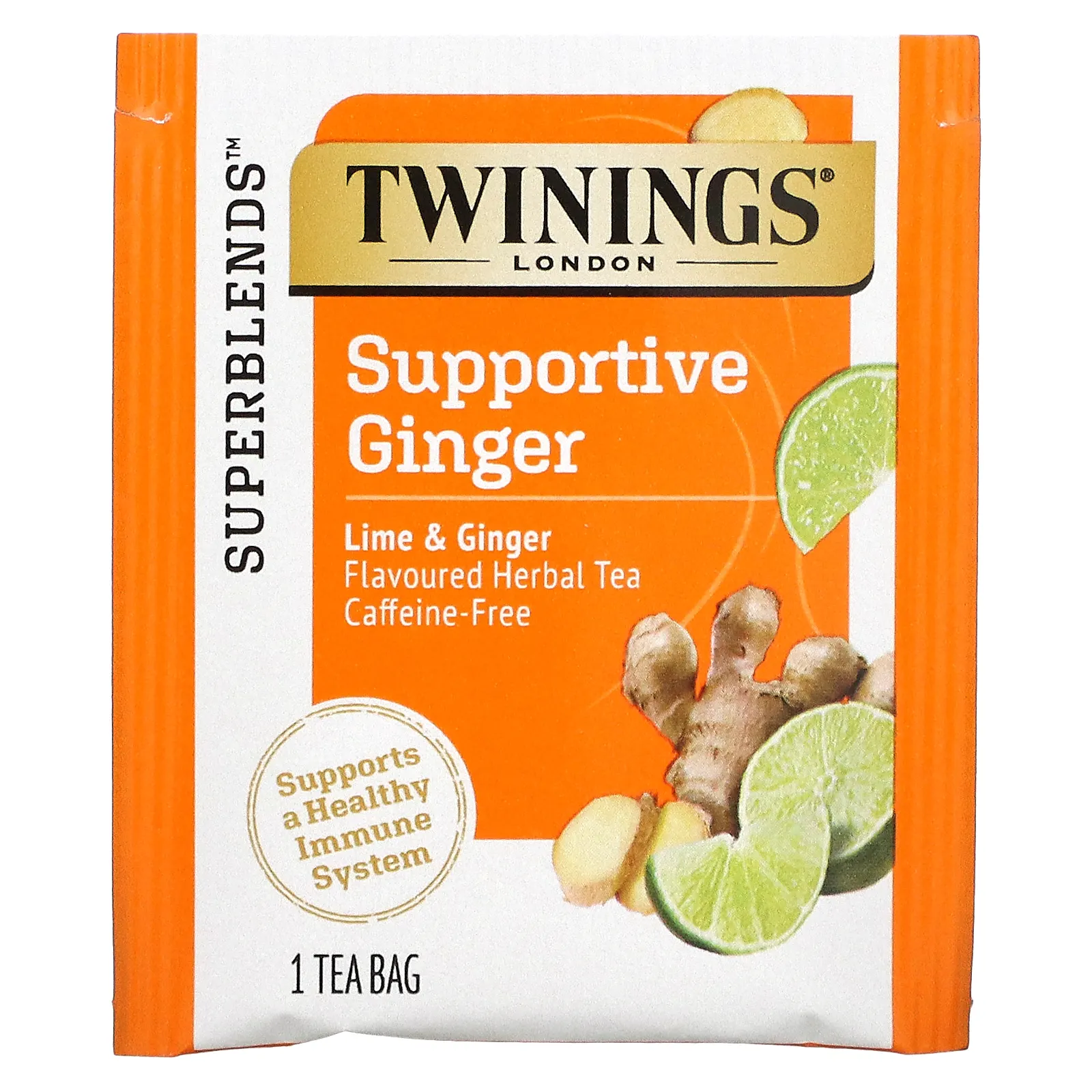 Twinings, Support, травяной чай из белого гибискуса, лайм и имбирь, без кофеина, 18 чайных пакетиков, 27 г (0,95 унции)
