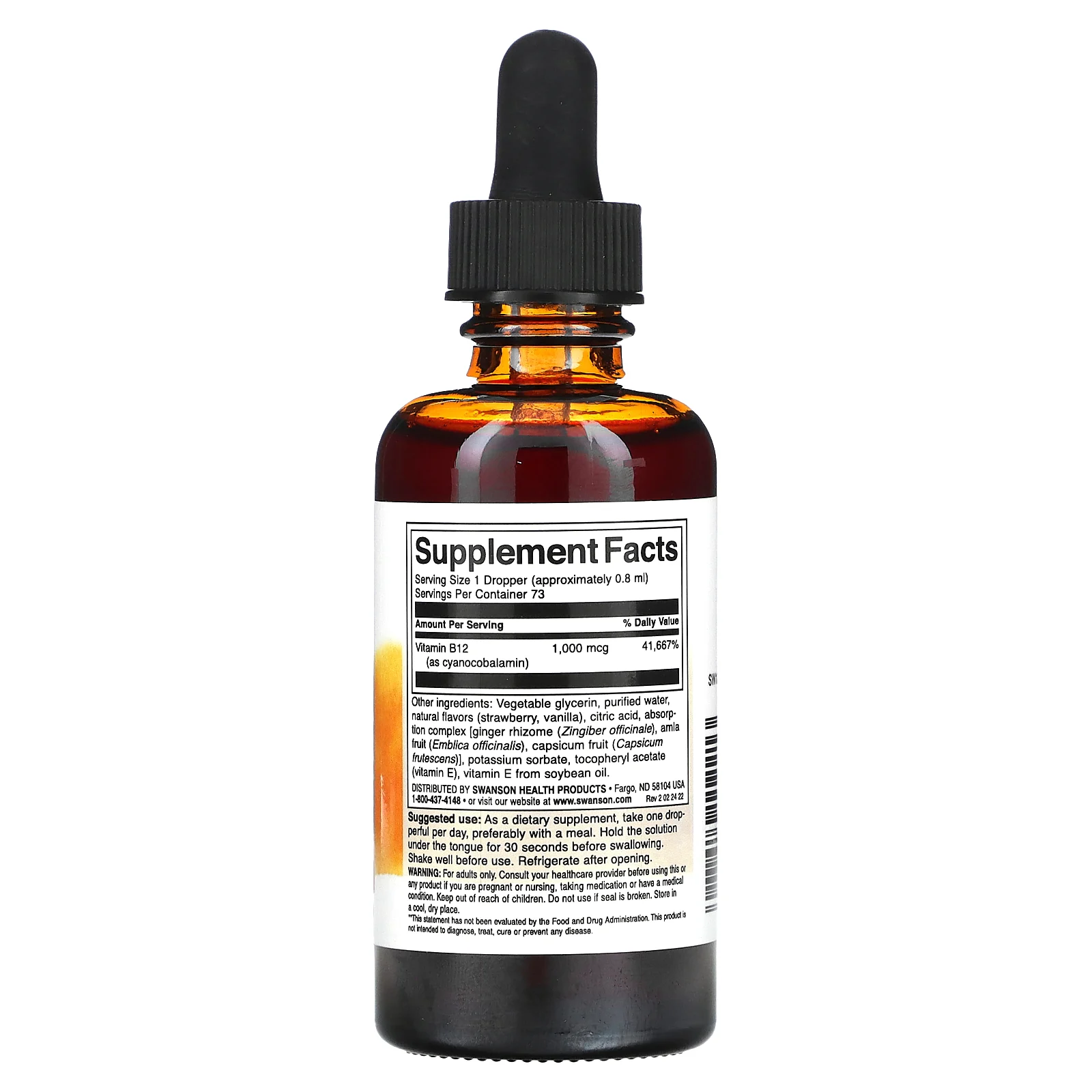 Swanson, Жидкий цианокобаламин B12, клубника, 1000 мкг, 59 мл (2 жидк. Унции)