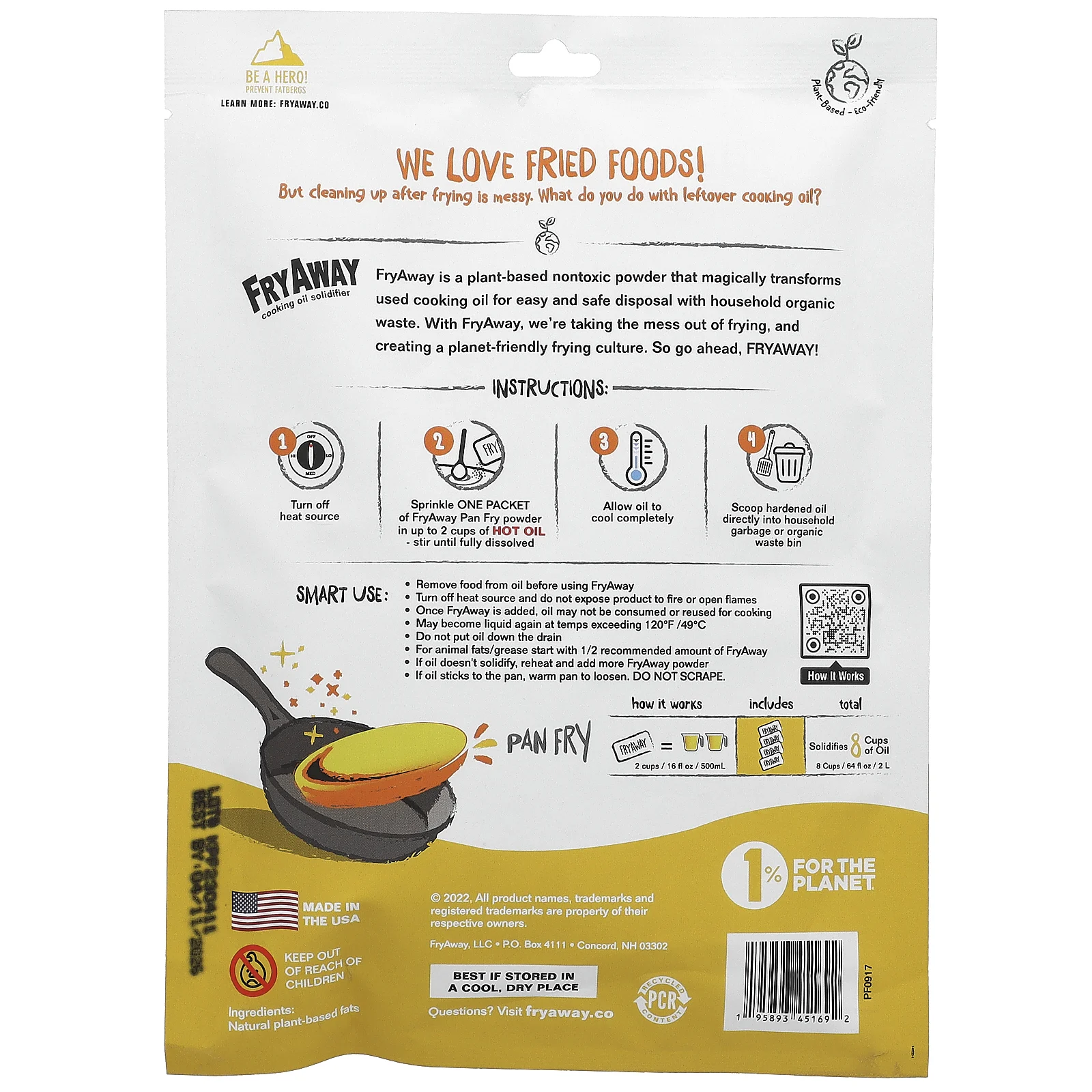 FryAway, Pan Fry, отвердитель растительного масла, 4 пакетика по 60 г (2,1 унции)