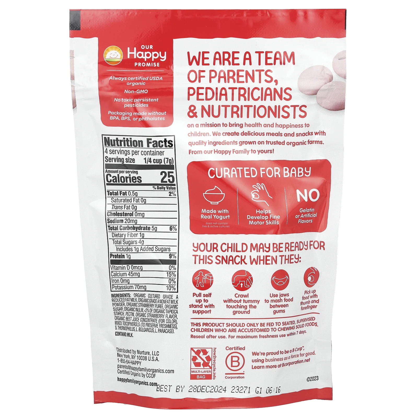 Happy Family Organics, Happy Baby, Organic Yogis, органические снеки из сублимированного йогурта с фруктами, с клубникой, 28 г (1 унция)