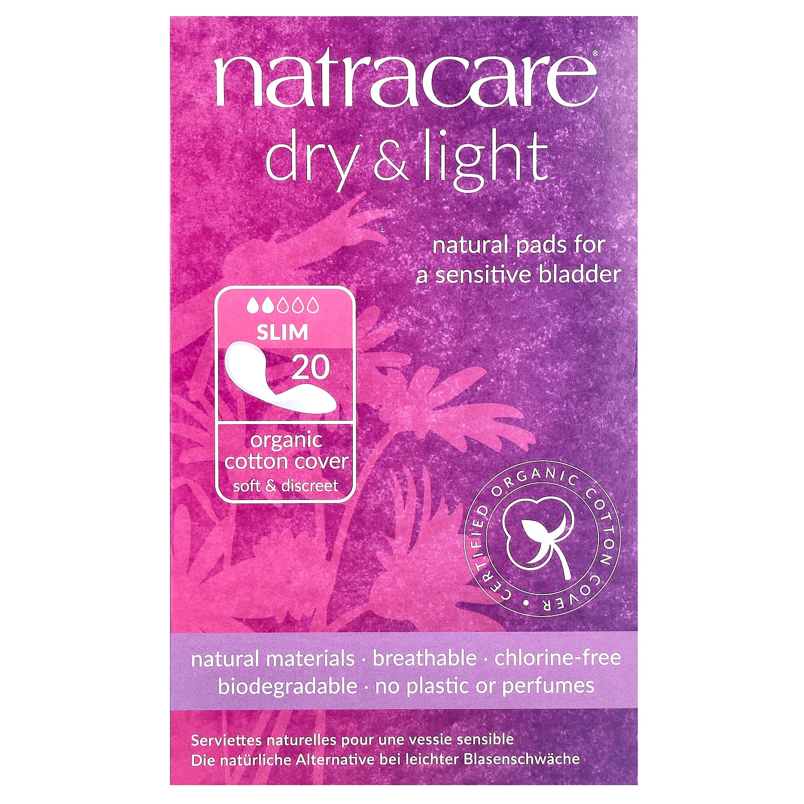 Natracare, Dry & Light, покрытие из органического хлопка, Slim, 20 прокладок