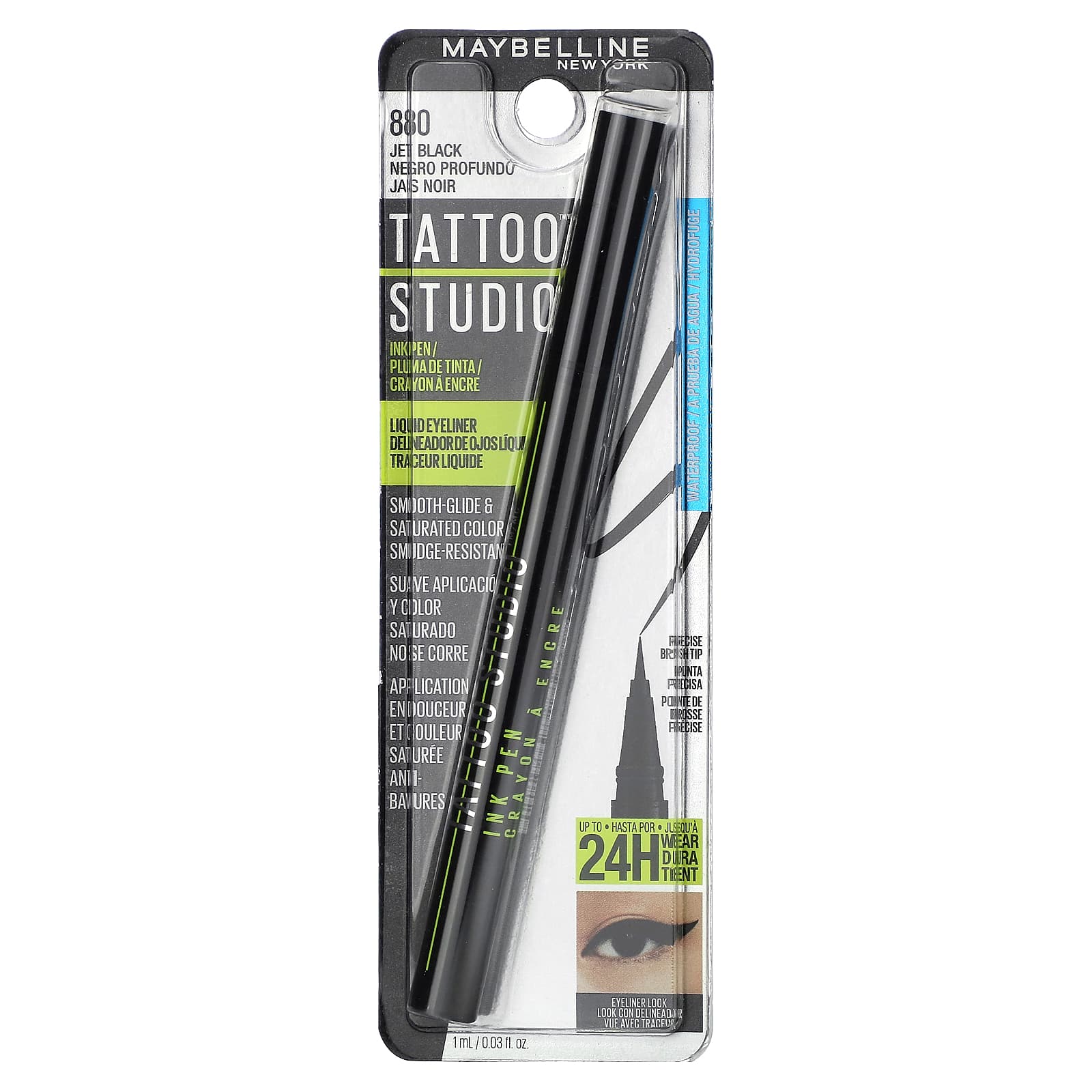 Maybelline, Tattoo Studio, жидкая подводка для глаз Ink Pen, 880 Jet Black, 1 мл (0,03 жидк. Унции)