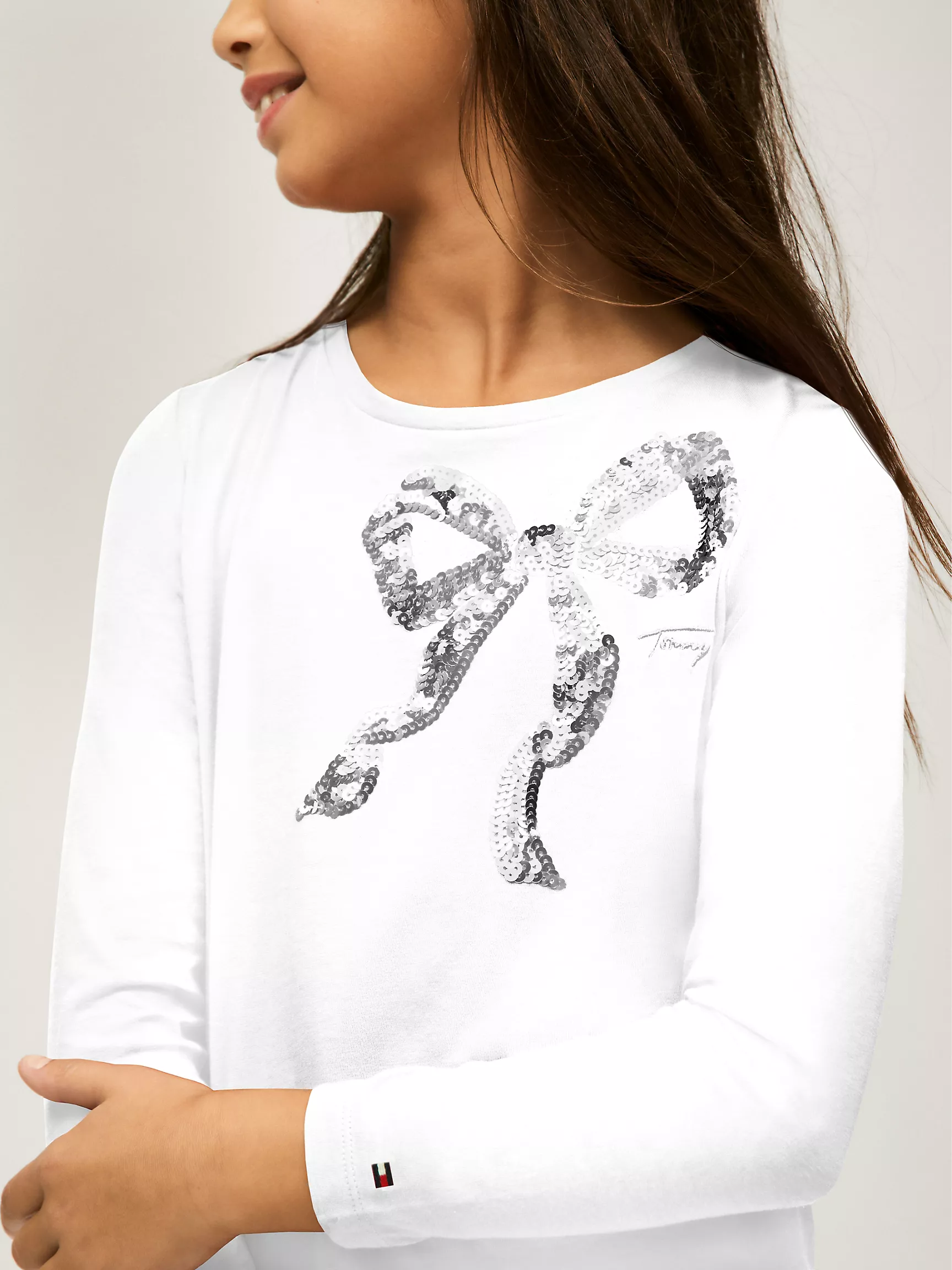 Футболка для девочек Tommy Hilfiger, Детская футболка с длинным рукавом и пайетками в виде банта