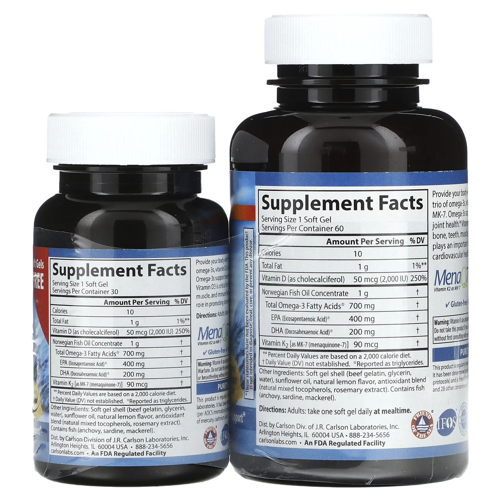 Carlson, Elite Omega-3 с витаминами D и K, натуральный лимонный вкус, 60 (+ 30 бонусных) мягких капсул