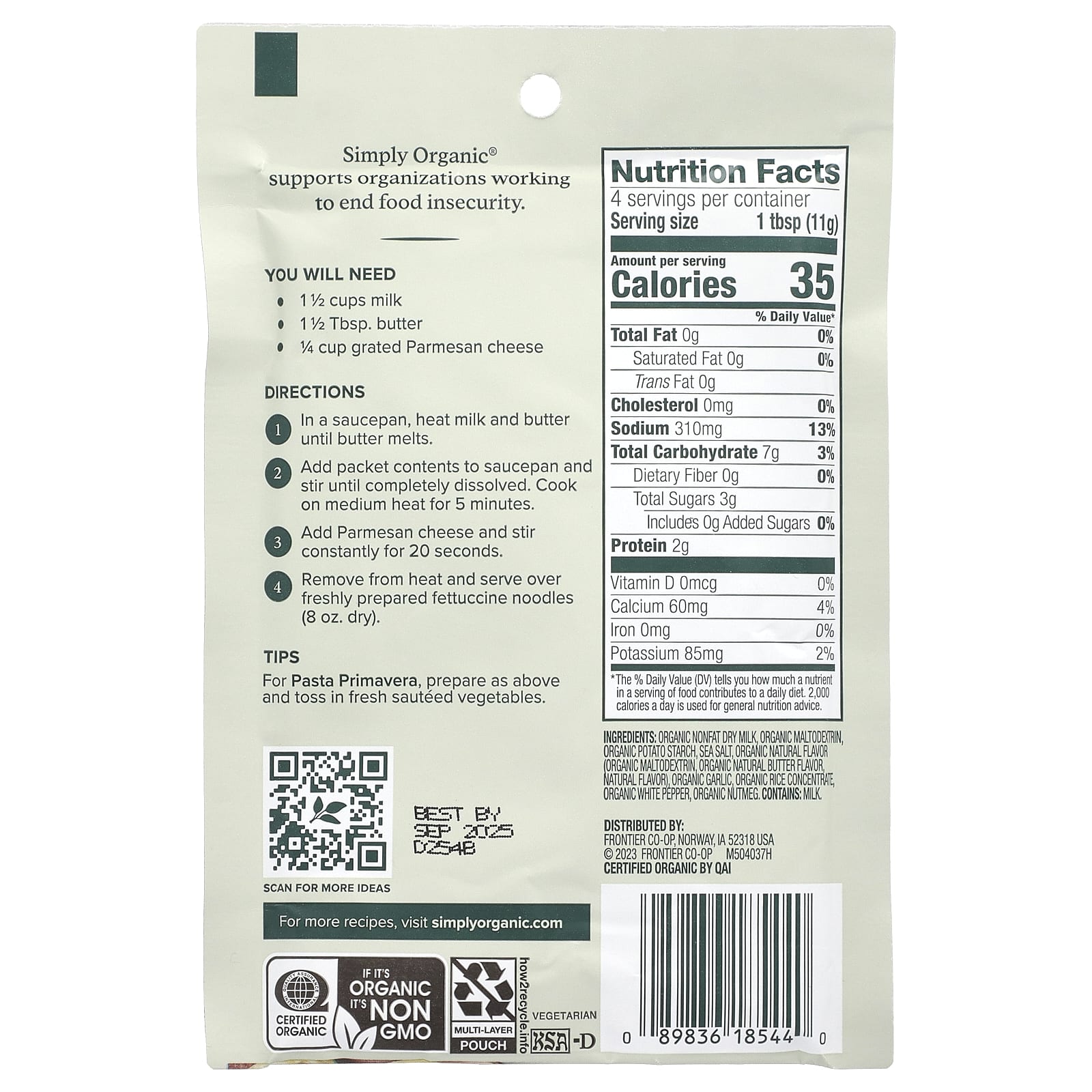 Simply Organic, Набор специй для соуса Альфредо, 12 пакетиков, 42 г каждый