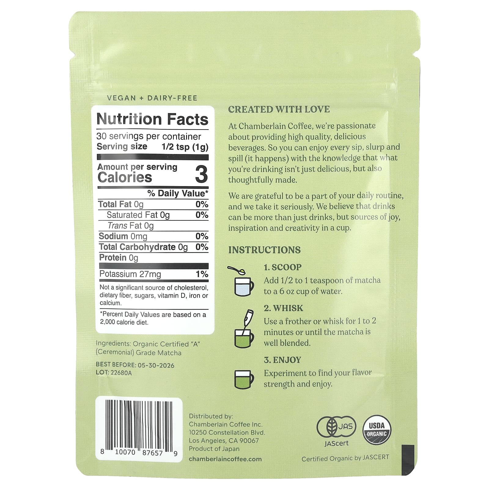 Chamberlain Coffee, Порошок матча, церемониальный, 30 г (1,06 унции)