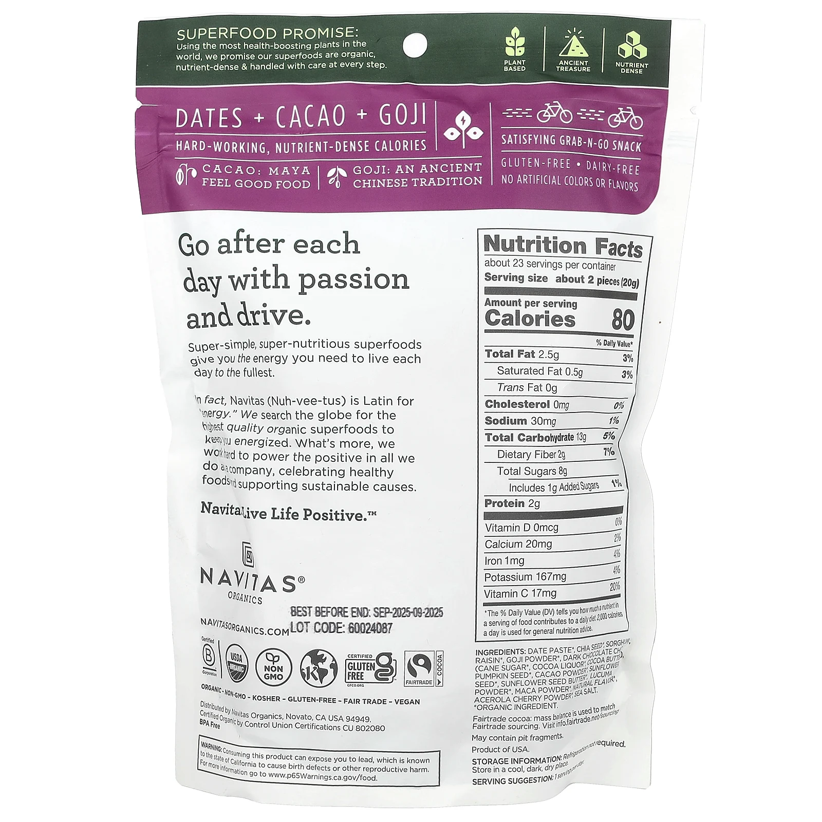 Navitas Organics, Organic Power Snacks, какао и годжи, 454 г (16 унций)