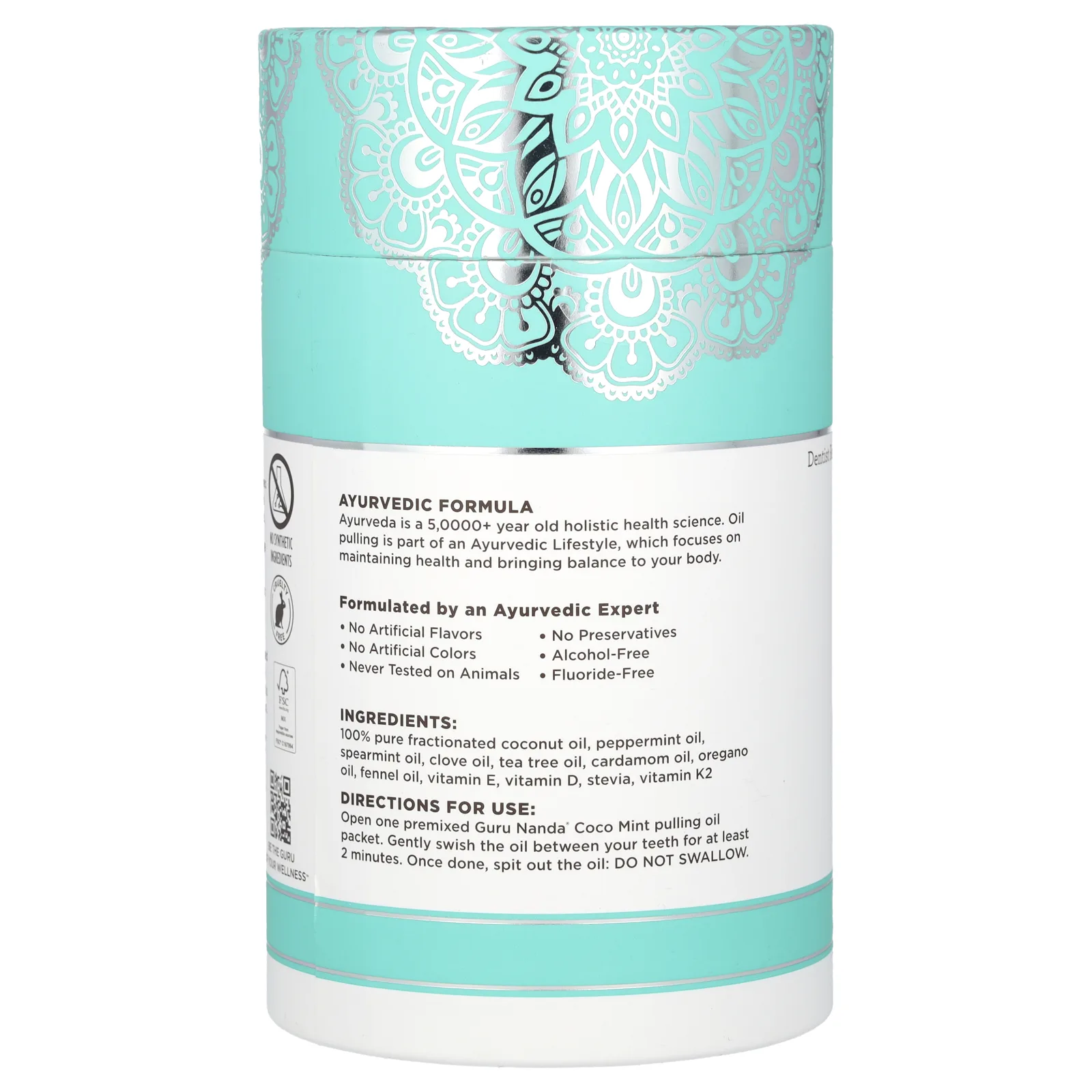 GuruNanda, отбеливающее масло для вытягивания, кокос и мята, 28 пакетиков по 12 мл (0,4 жидк. унции)