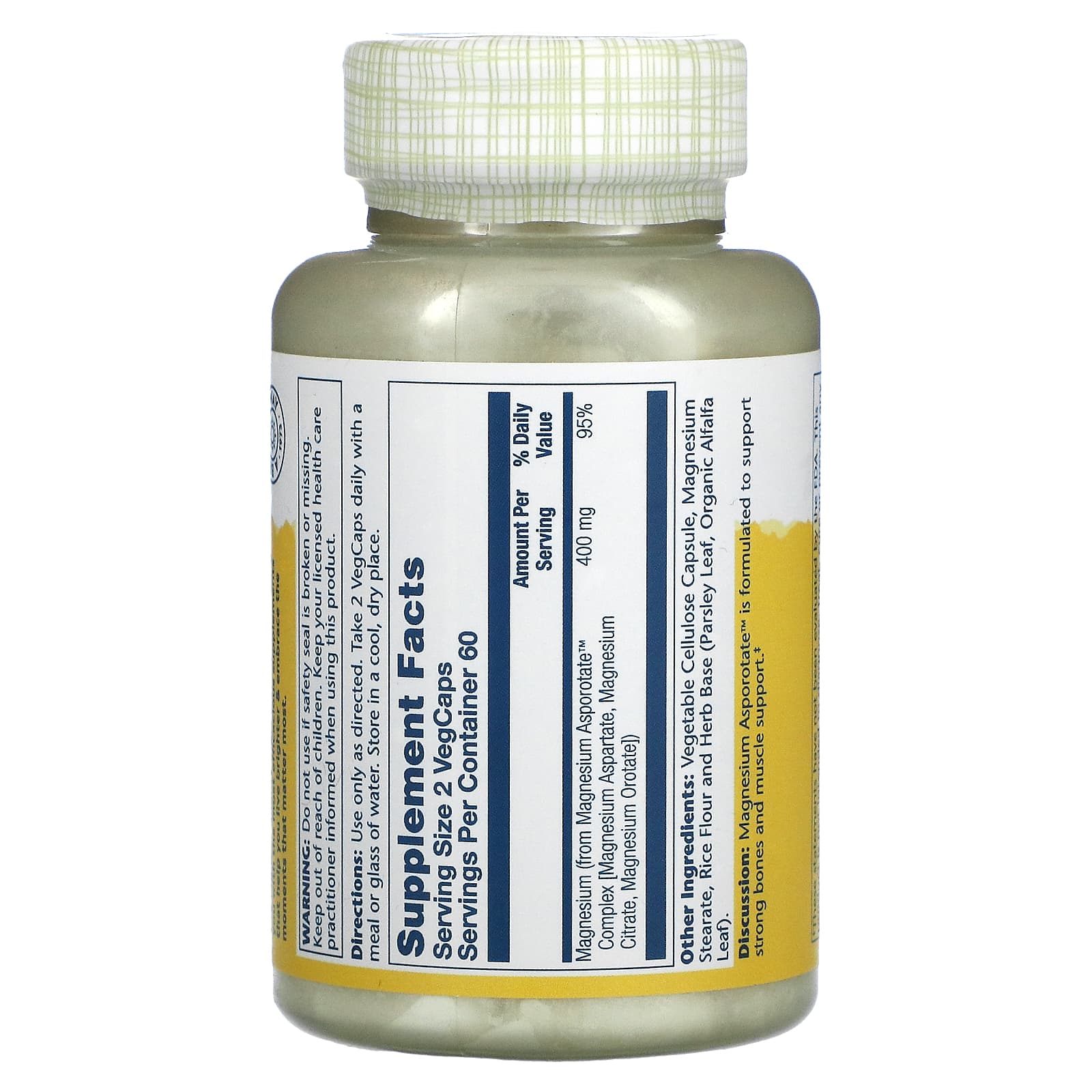 Solaray, апоротат магния, 400 мг, 120 вегетарианских капсул (200 мг в 1 капсуле)