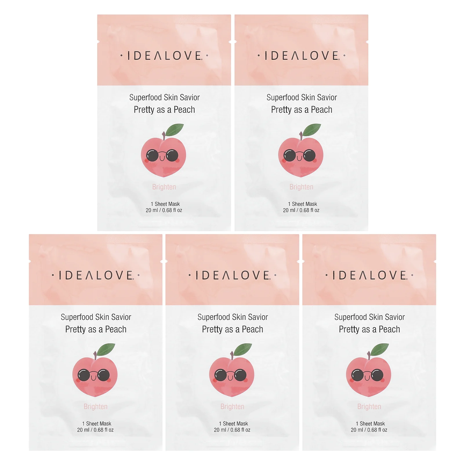 Idealove, Superfood Skin Savior, маска для лица с суперфудами, персик, 5 шт. по 20 мл (0,68 жидк. унции)