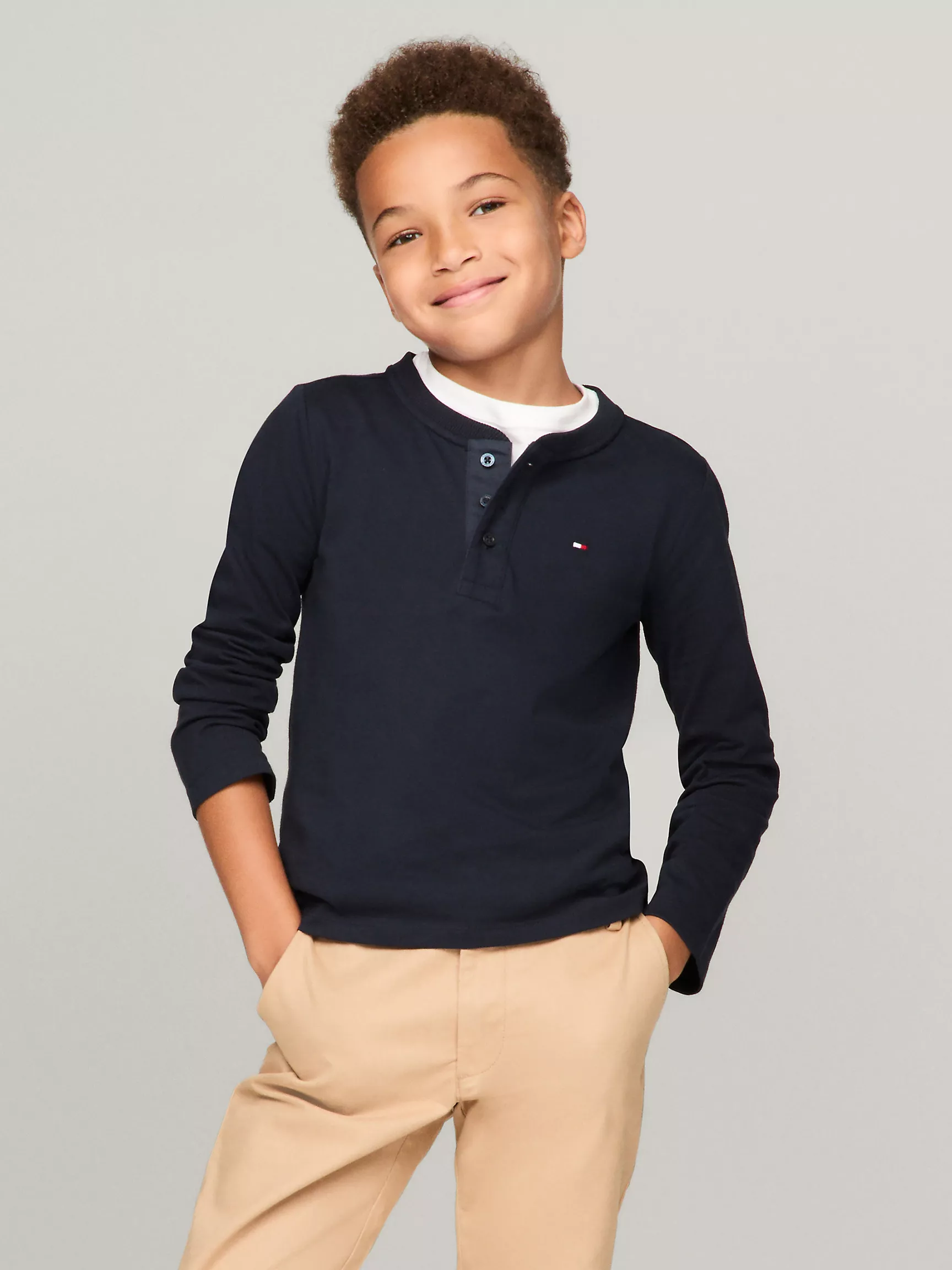 Футболка Tommy Hilfiger для мальчиков, Детская однотонная футболка Henley с длинным рукавом