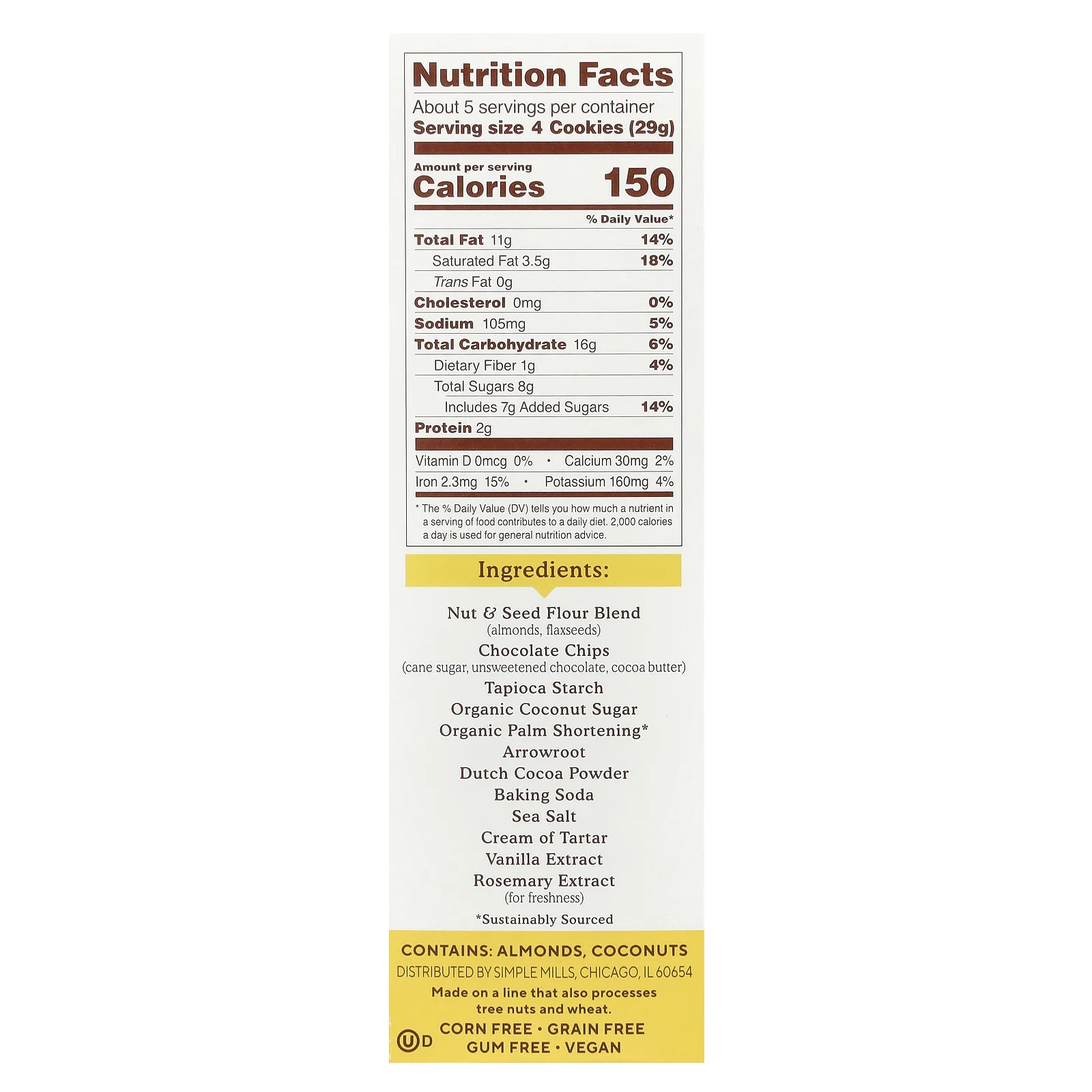 Simple Mills, хрустящее шоколадное печенье с миндальной мукой, двойной шоколад, 156 г (5,5 унции)