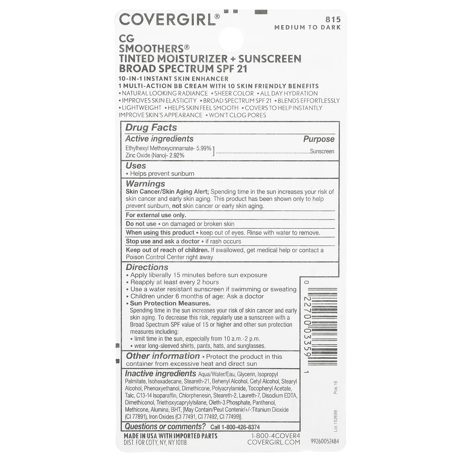Covergirl, CG Smoothers, BB-крем, SPF 21, оттенок 815 от среднего до темного, 40 мл (1,35 жидк. унции)
