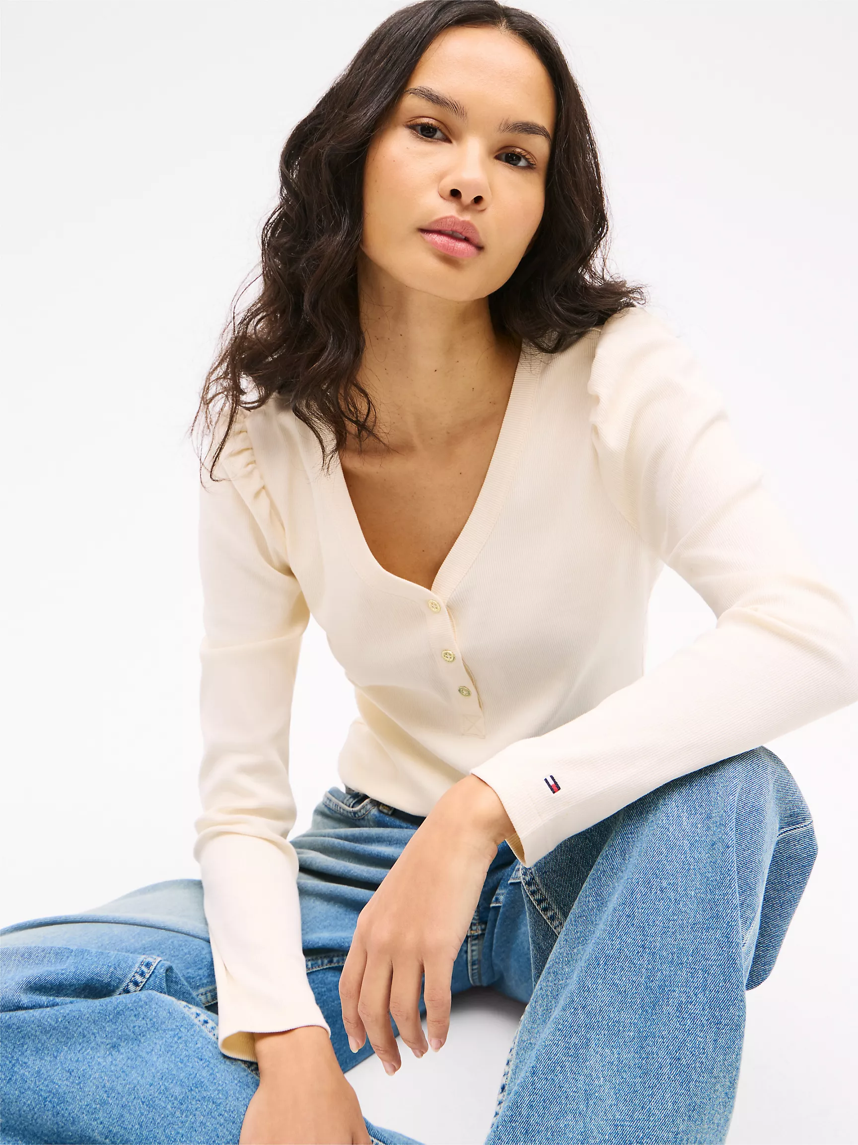 Женская футболка Tommy Hilfiger, Вязаная рубашка Henley с рукавами-фонариками