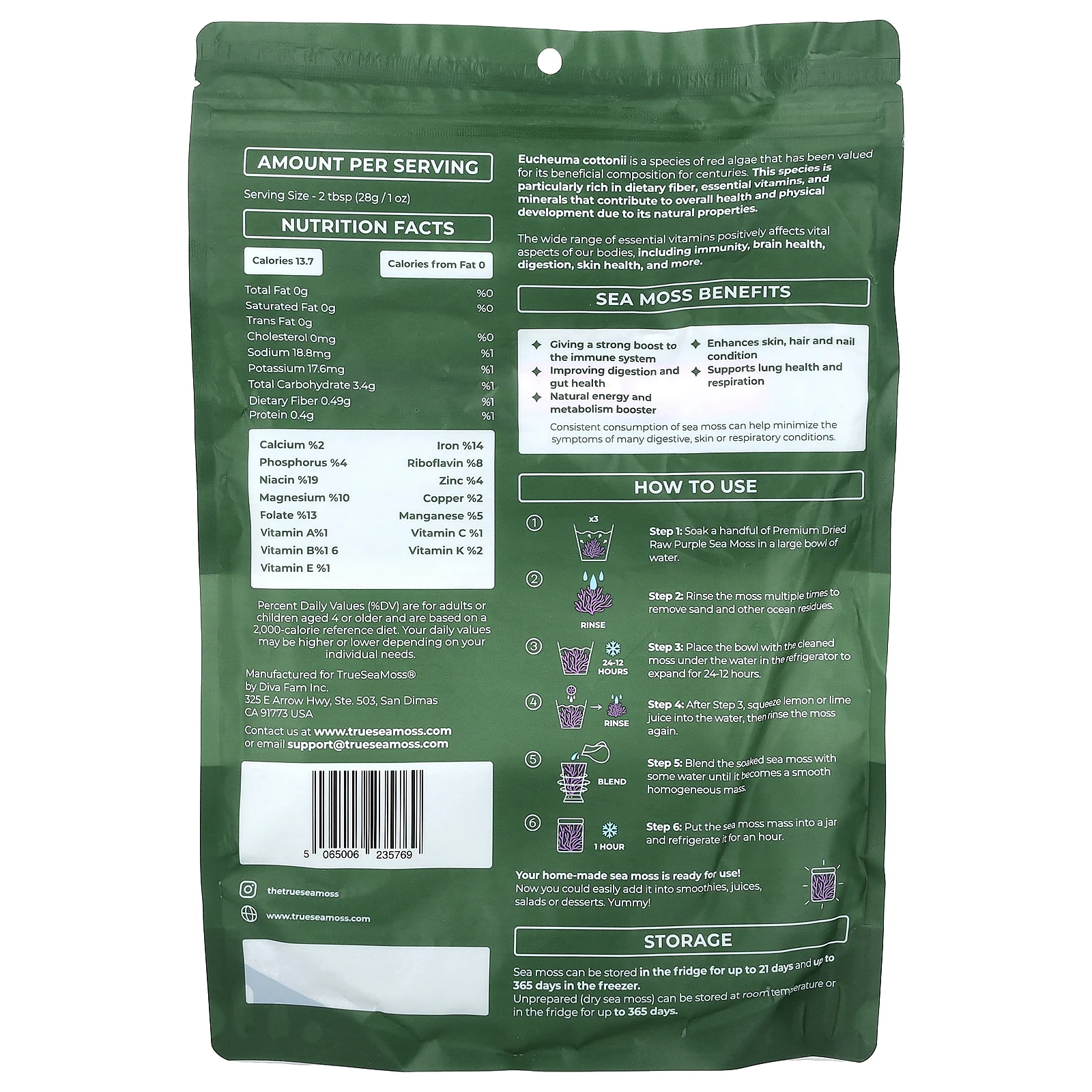 True Sea Moss, Фиолетовый необработанный морской мох, 453 г (1 фунт)