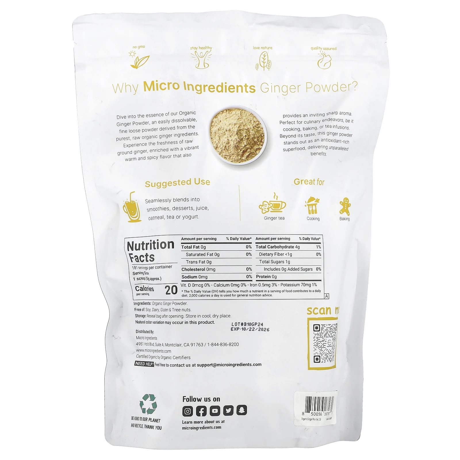 Micro Ingredients, Порошок органического имбиря, 907 г (2 фунта)