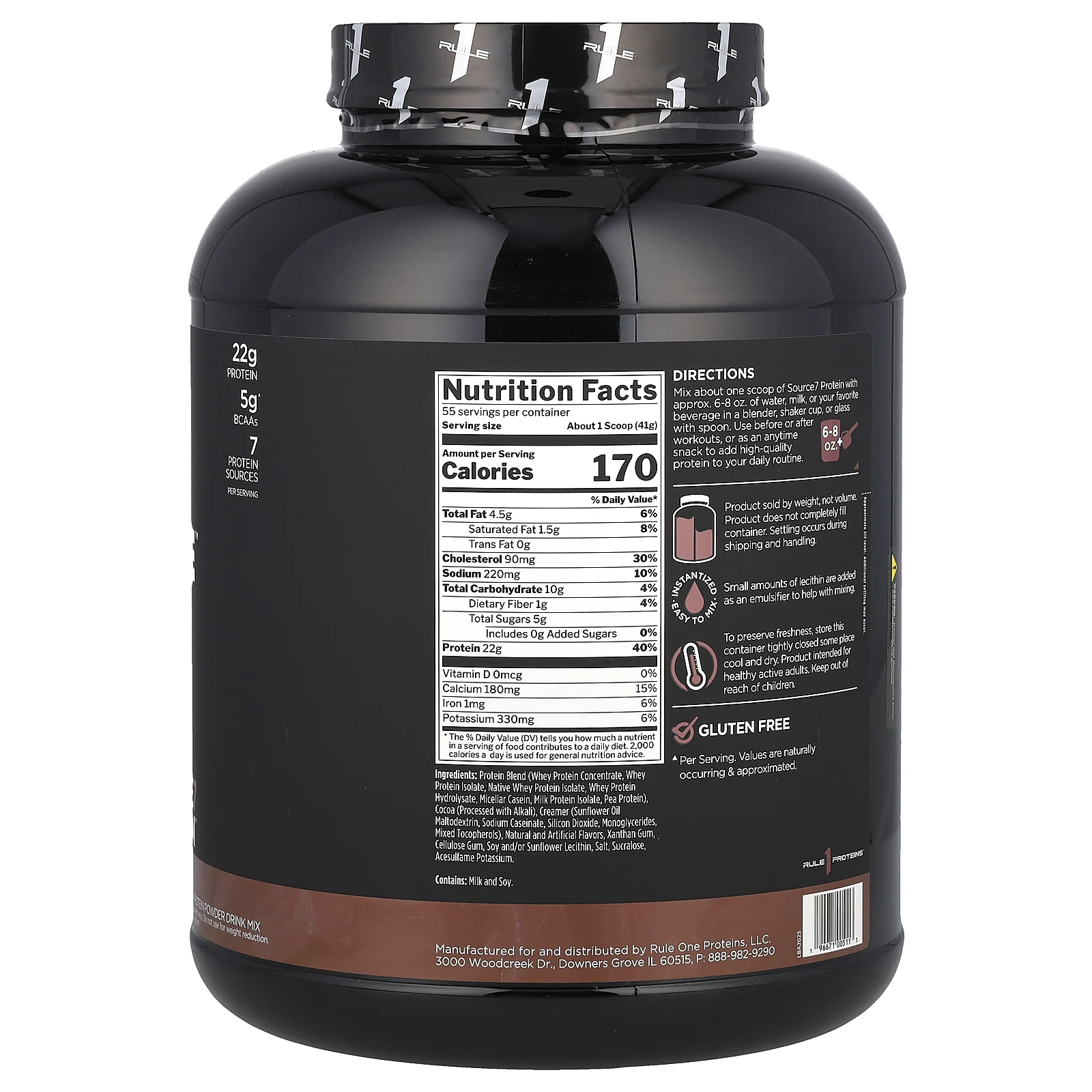 Rule One Proteins, Source7, протеиновая смесь для приготовления напитка, со вкусом шоколада, 2,25 кг (4,97 фунта)