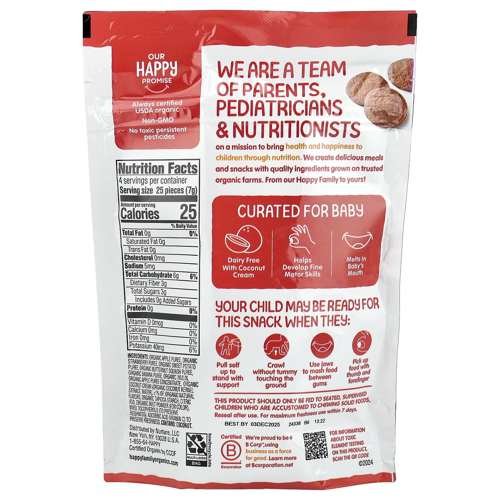 Happy Family Organics, Happy Baby, крем из органических фруктов и овощей, для крошек, клубника, мускатная тыква и банан, 28 г (1 унция)