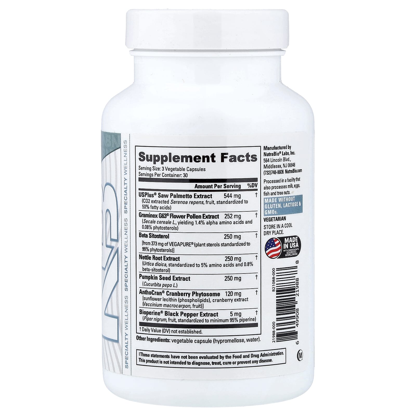 NutraBio, для простаты, 90 капсул