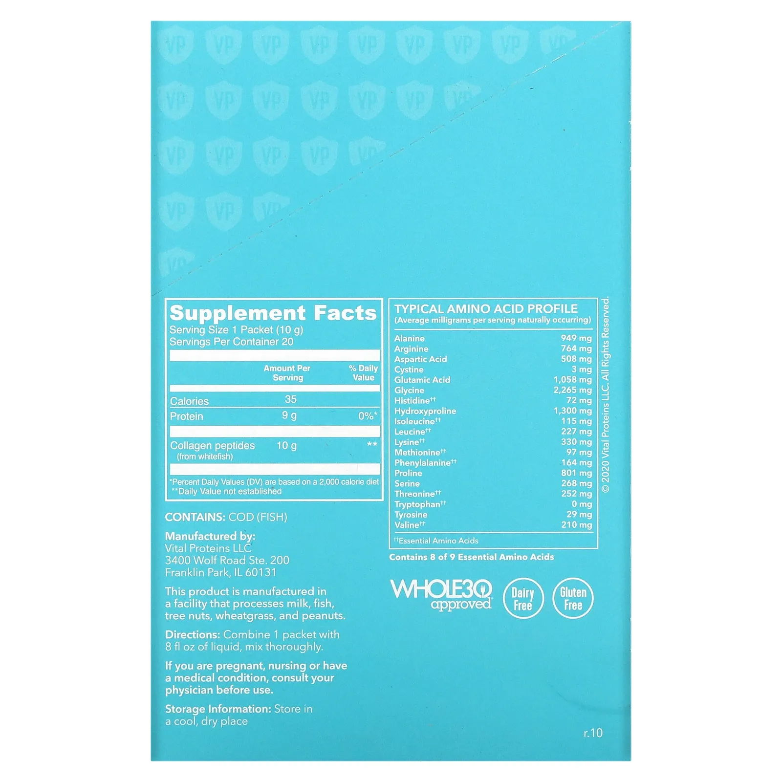 Vital Proteins, Морской коллаген, без вкусовых добавок, 20 пакетиков, 10 г (0,35 унции) в каждом