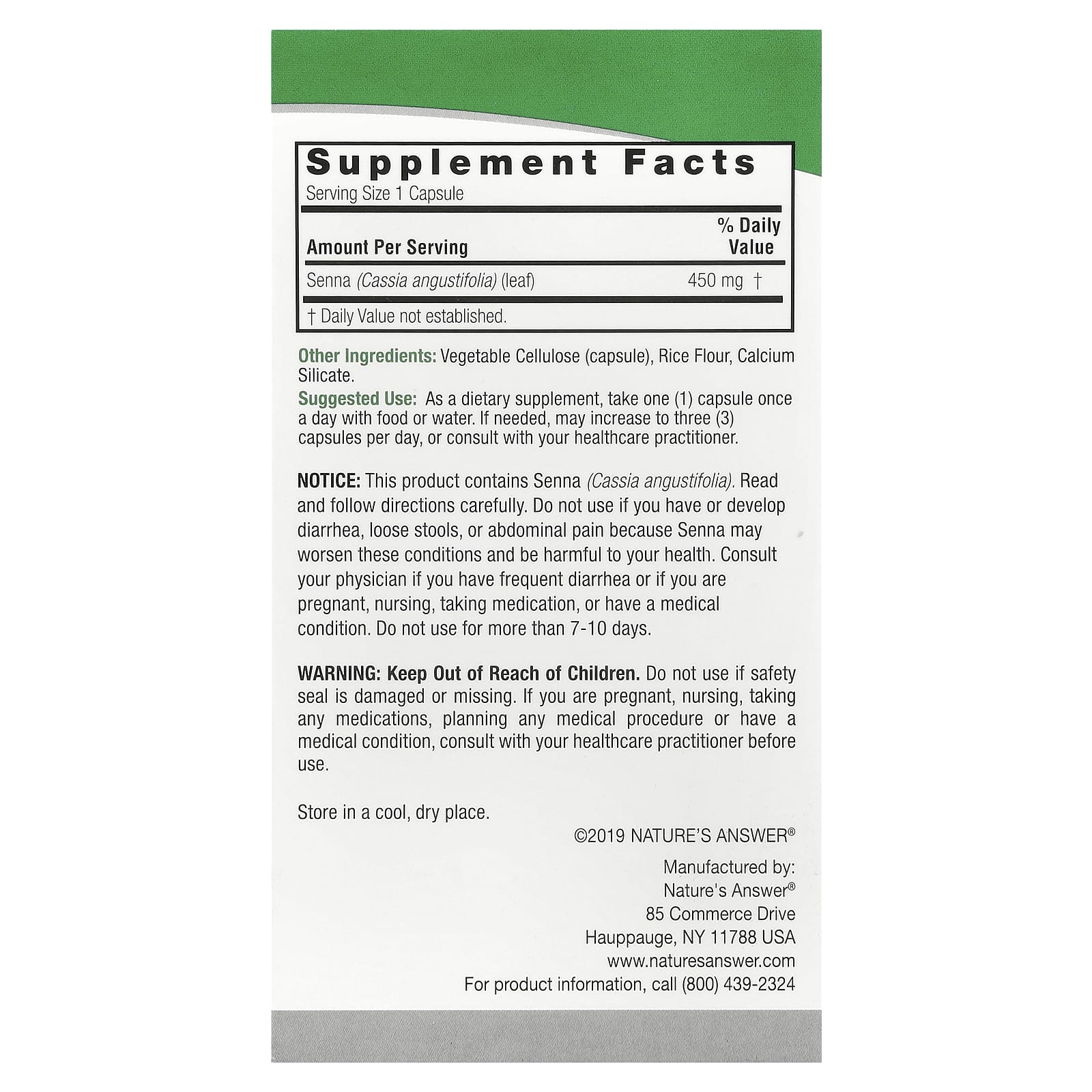 Nature's Answer, Сенна, 450 мг, 90 вегетарианских капсул
