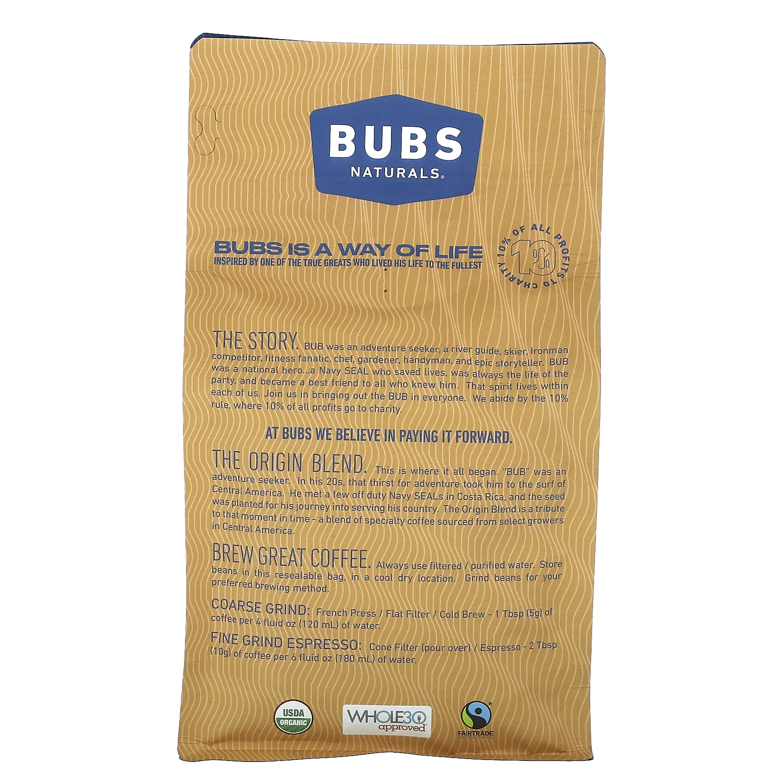 BUBS Naturals, Bubs Brew, смесь The Origin, цельные бобы, средней обжарки, 340 г (12 унций)