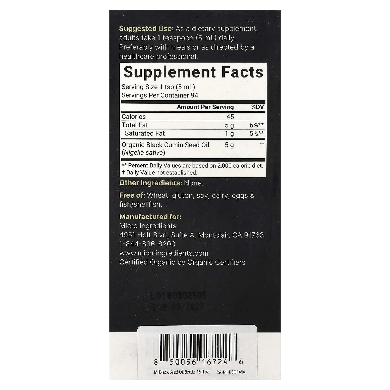 Micro Ingredients, органическое масло черного тмина, 473 мл (16 жидк. унций)