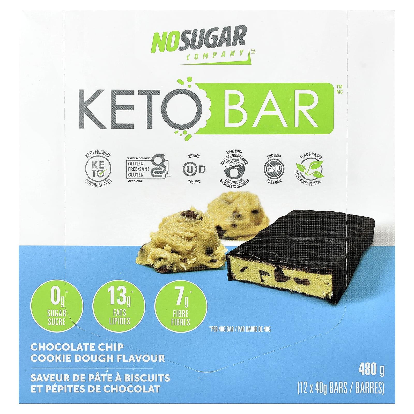 No Sugar Company, Keto Bars™, печенье с шоколадной крошкой, 12 батончиков по 40 г