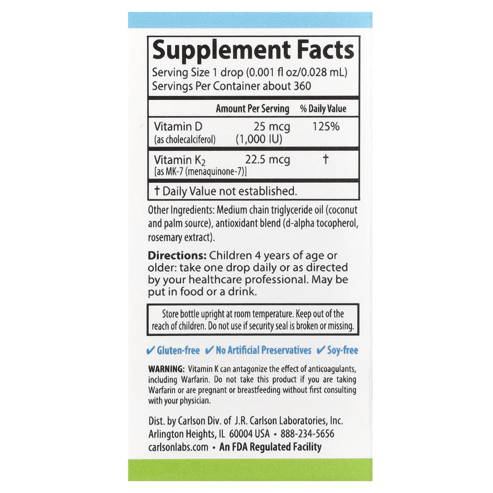 Carlson, Super Daily D3+K2 для детей, 25 мкг (1000 МЕ) и 22,5 мкг, 10,16 мл (0,34 жидк. унции)