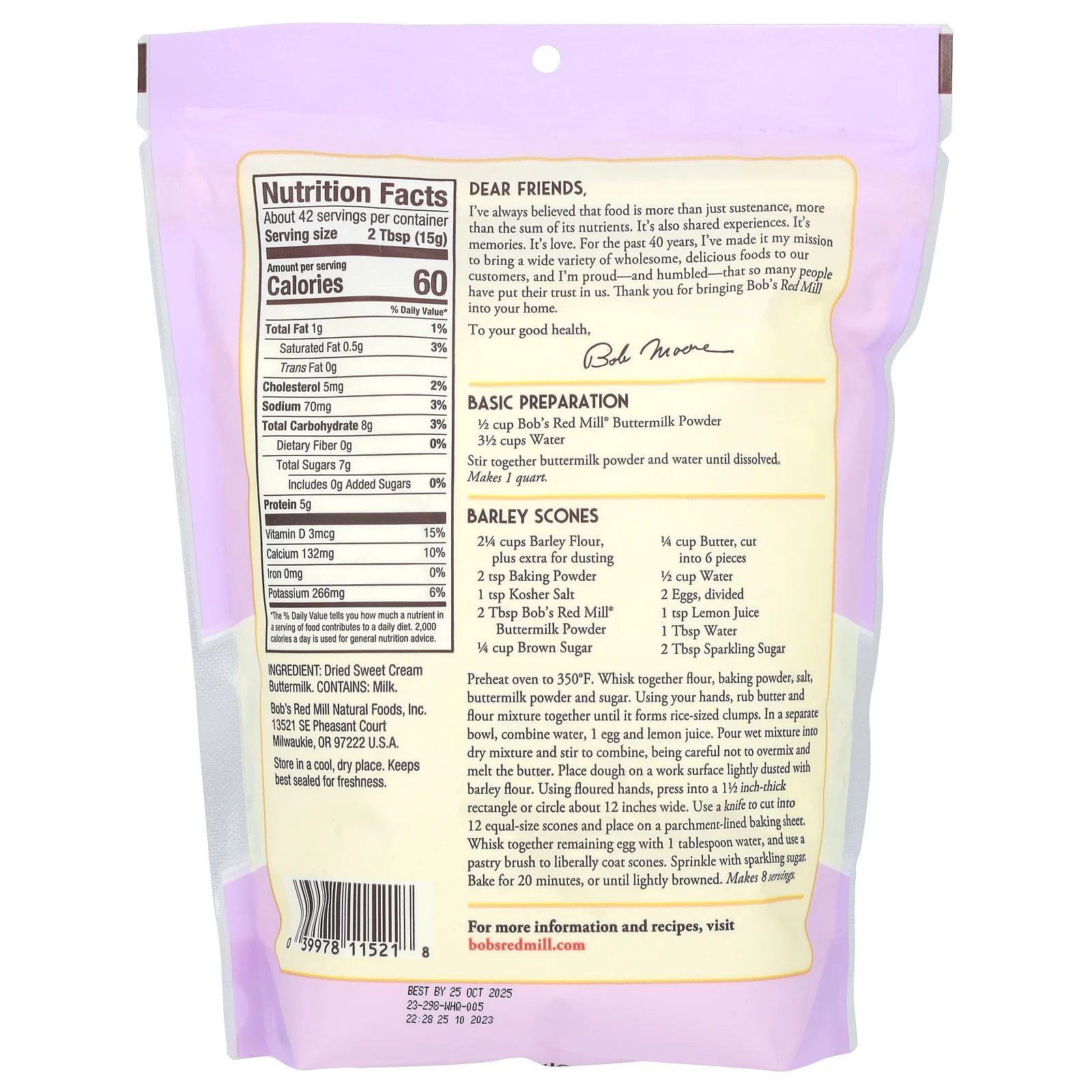 Bob's Red Mill, Сухая пахта, сливки, 624 г (22 унции)