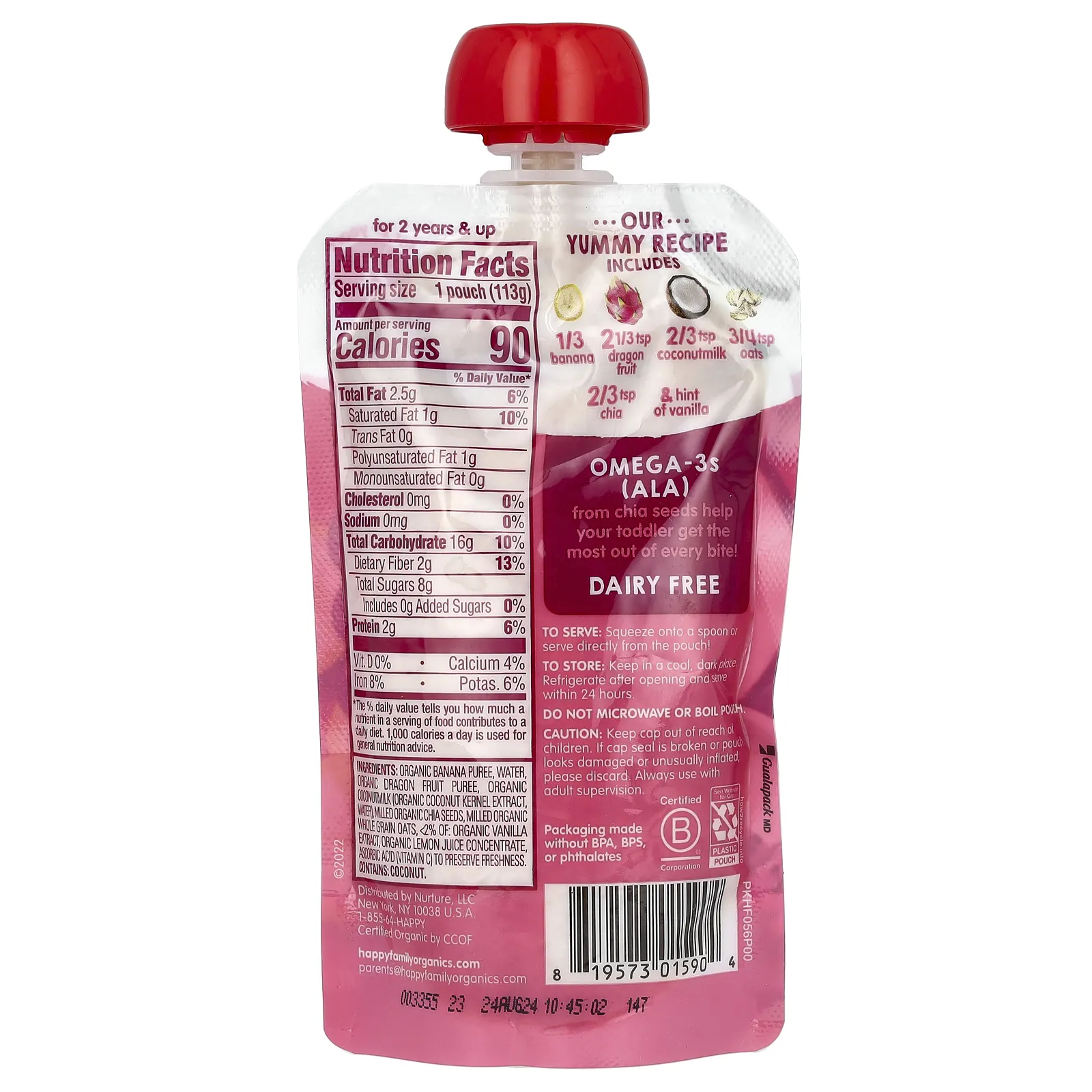 Happy Family Organics, Happy Tot, Super Morning, органические бананы, драконий фрукт, кокосовое молоко, овес и супер чиа, этап 4, 113 г (4 унции)