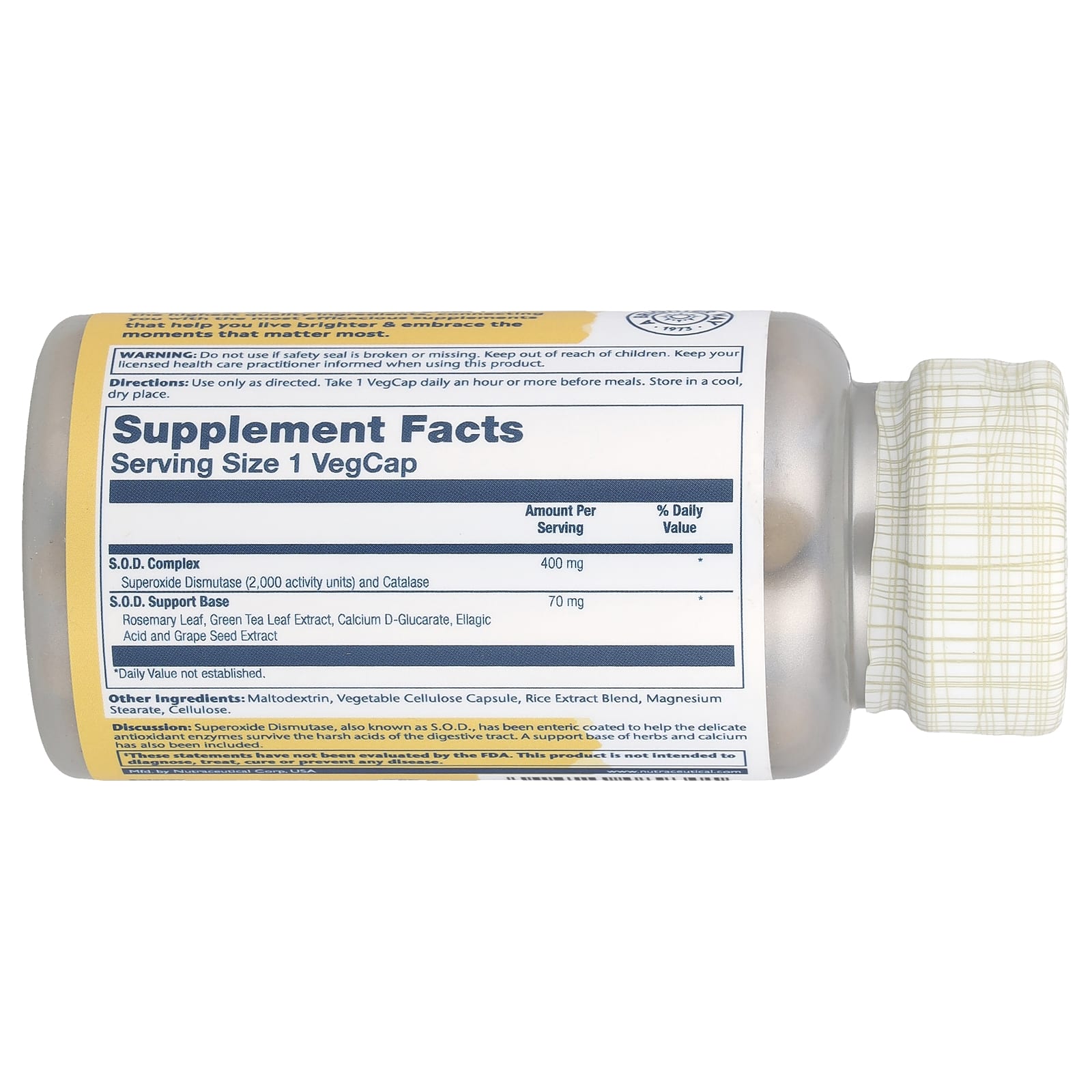 Solaray, СОД с кишечнорастворимой оболочкой 2000 Plus ™, 100 растительных капсул