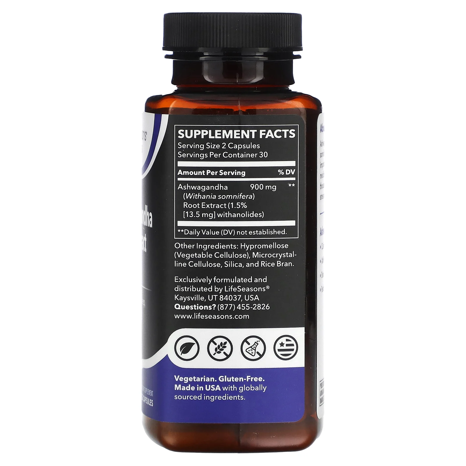 LifeSeasons, экстракт корня ашваганды, 900 мг, 60 растительных капсул (450 мг в 1 капсуле)