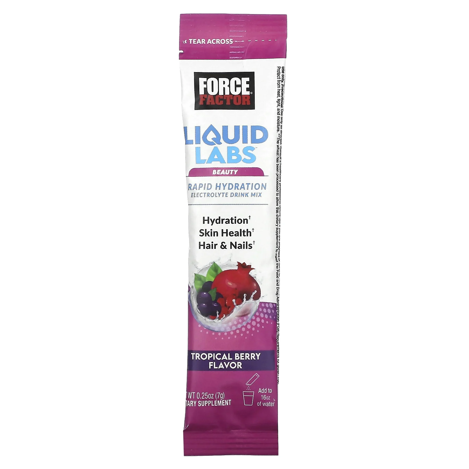 Force Factor, Liquid Labs Beauty, смесь для быстрого увлажнения и электролитов, тропические ягоды, 20 пакетиков по 7 г (0,25 унции)