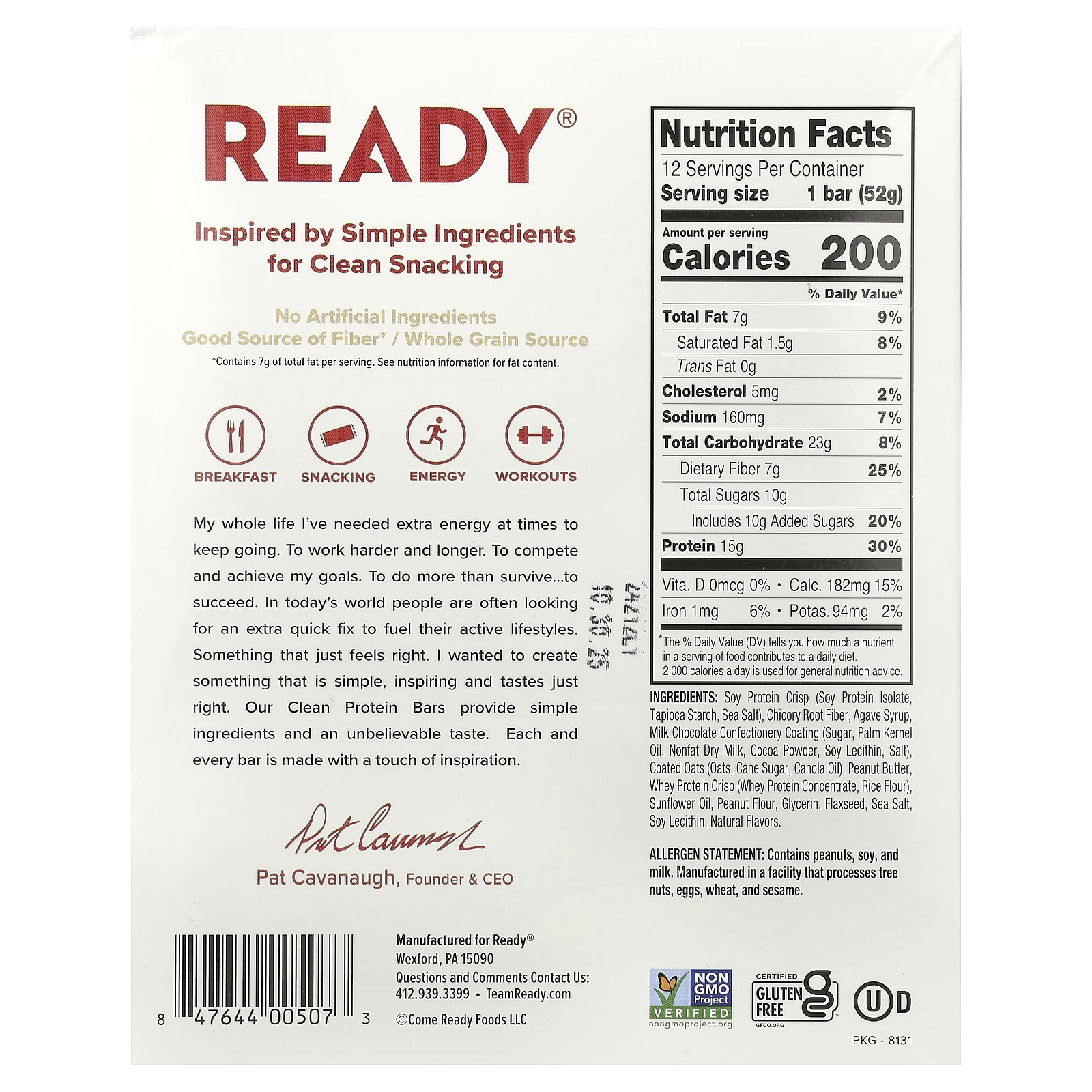 Ready, Clean Protein Bar, шоколадно-арахисовая паста, 12 батончиков, 52 г (1,83 унции)