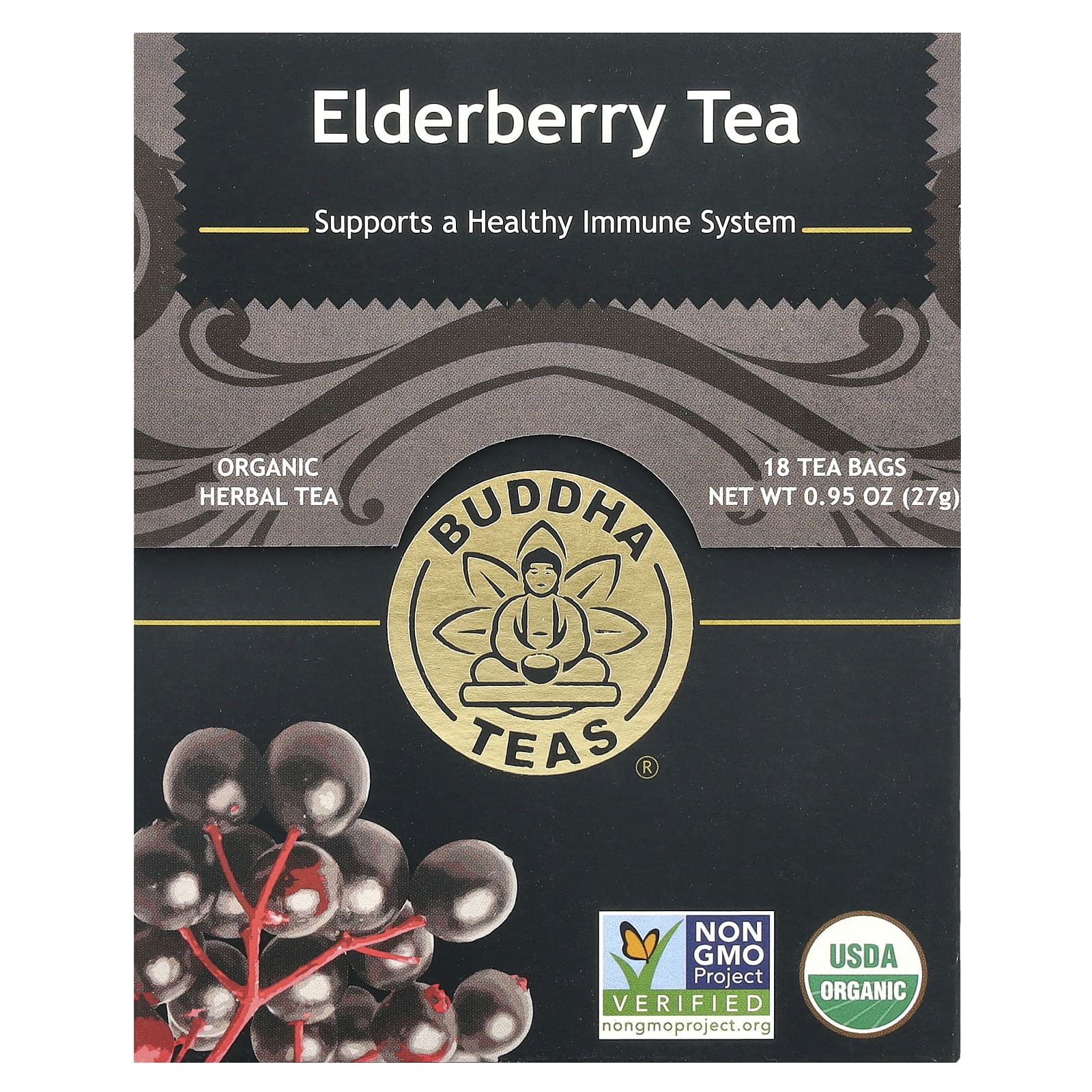 Buddha Teas, Органический травяной чай, бузина, 18 чайных пакетиков, 27 г (0,95 унции)