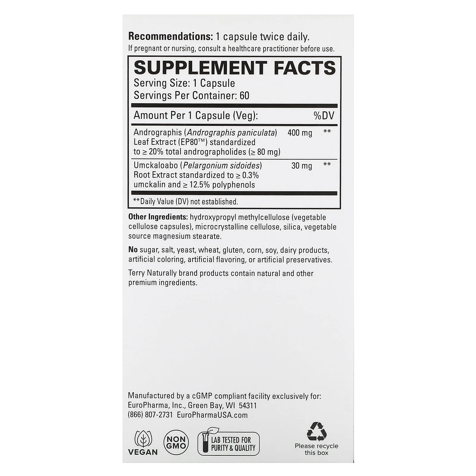 Terry Naturally, Andrographis EP80 с умкалоабо, 60 капсул