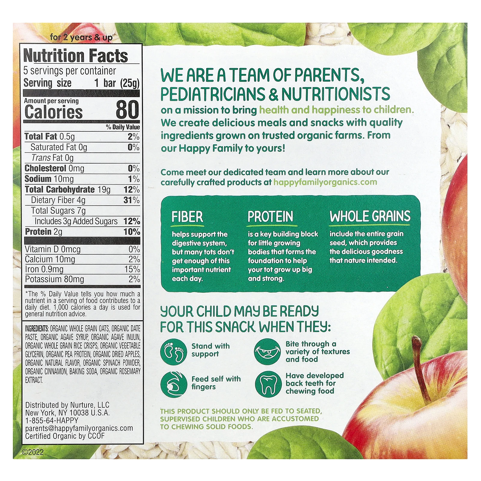 Happy Family Organics, Happy Tot, овсяный батончик с клетчаткой и протеином, для детей от 2 лет, органические яблоки и шпинат, 5 батончиков по 25 г (0,88 унции)