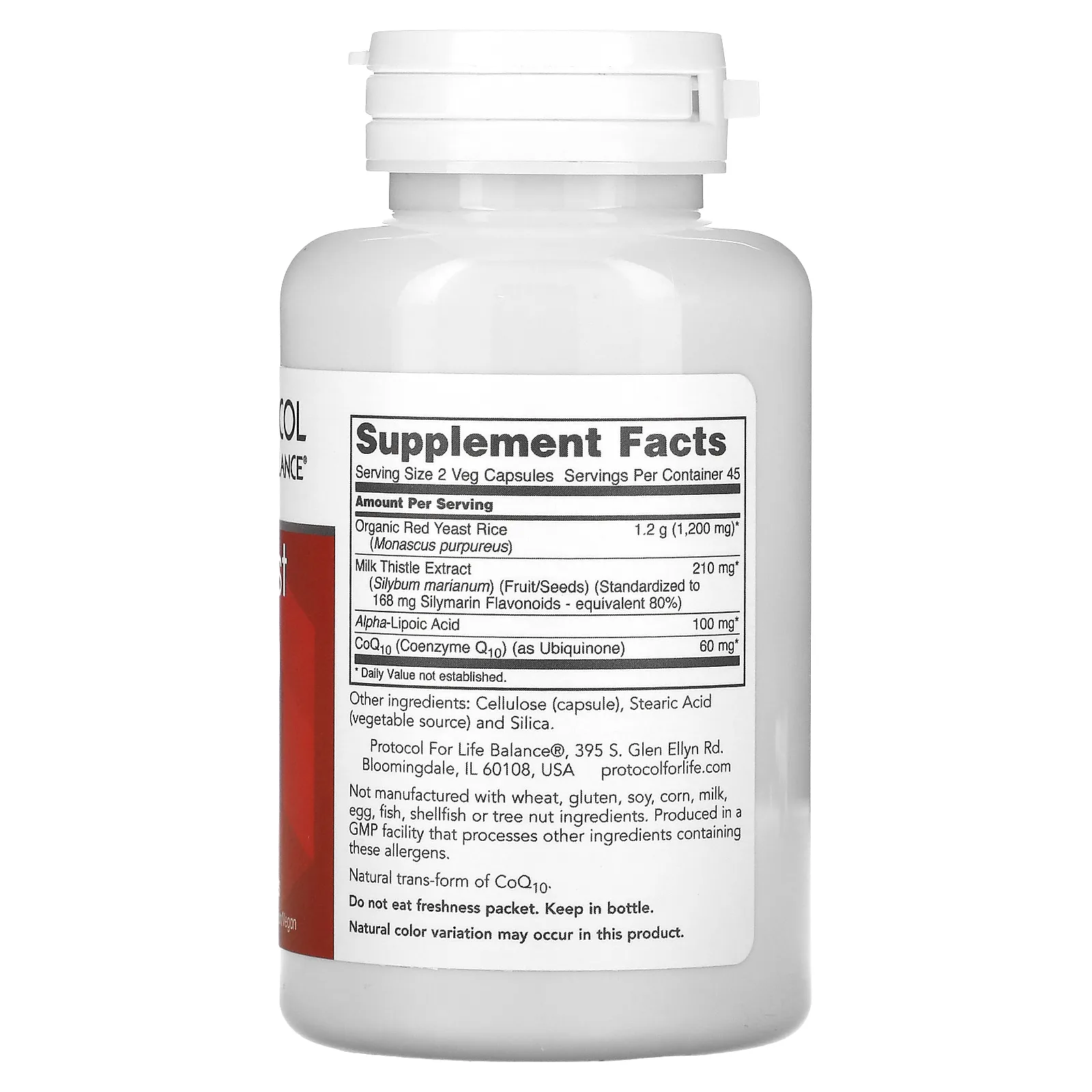 Protocol for Life Balance, Красный дрожжевой рис с коэнзимом Q10, расторопша и альфа-липоевая кислота, 600 мг, 90 растительных капсул