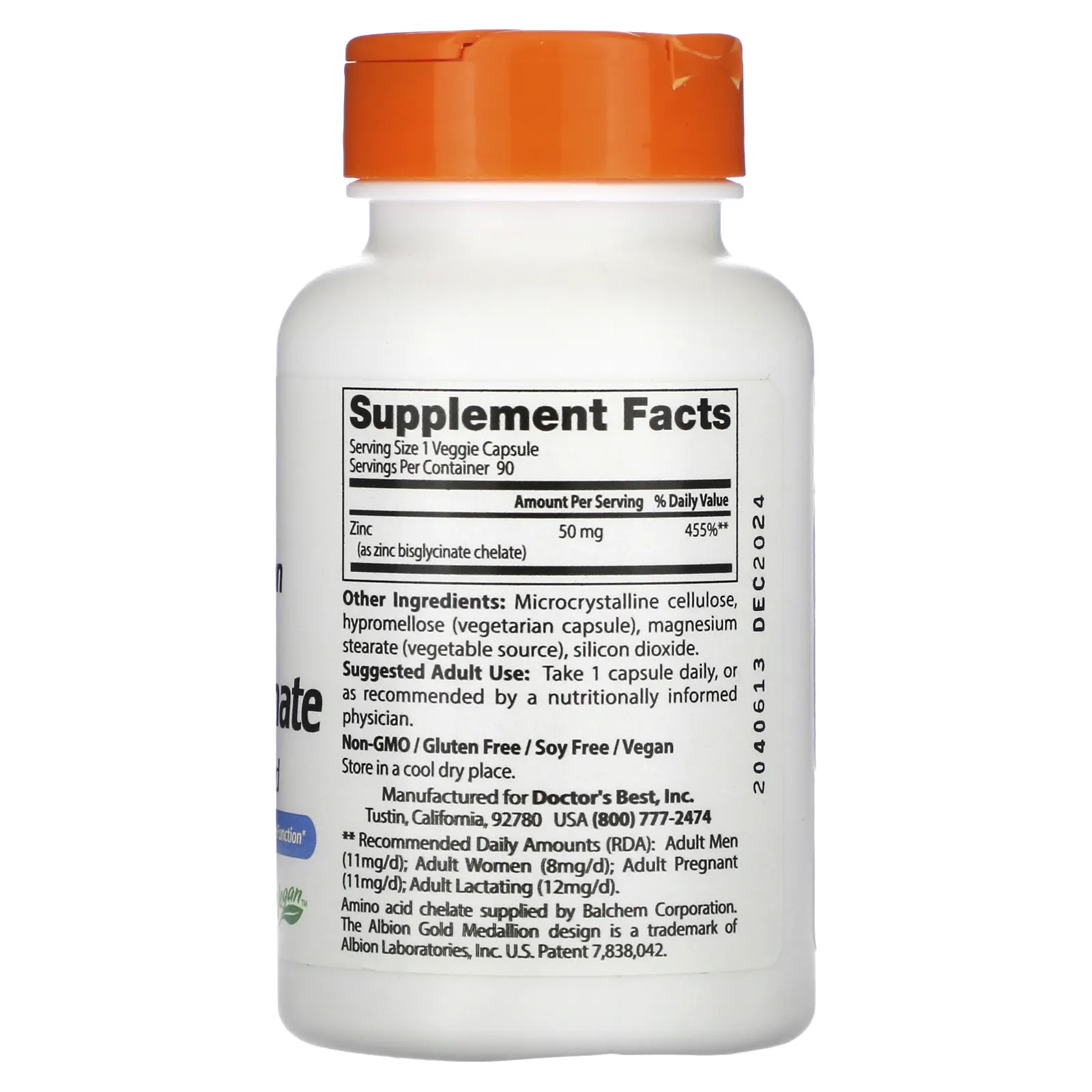 Doctor's Best, легкоусвояемый бисглицинат цинка, на 100% в хелатной форме, 50 мг, 90 вегетарианских капсул