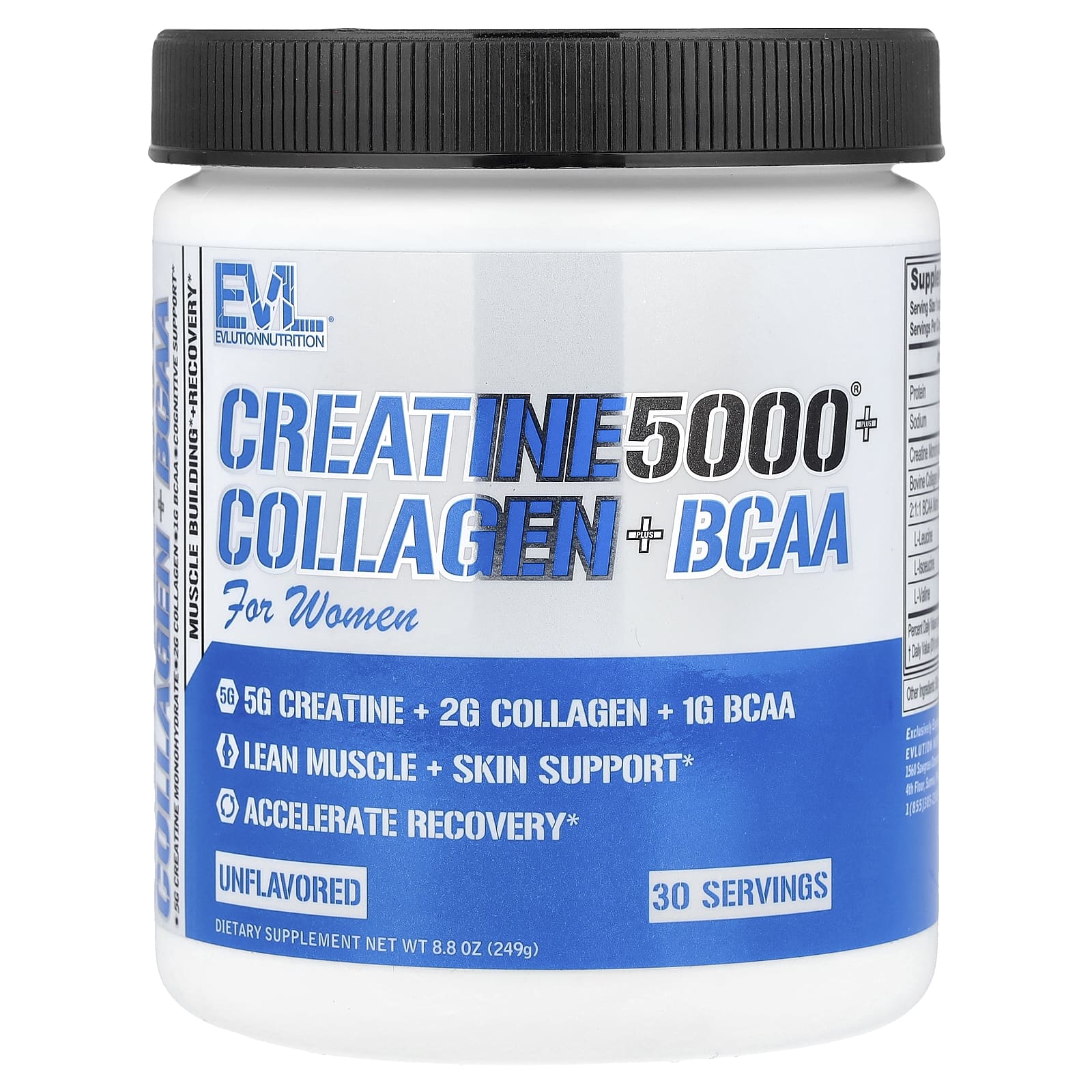 EVLution Nutrition, Creatine5000® с коллагеном и BCAA, для женщин, без добавок, 249 г (8,8 унции)