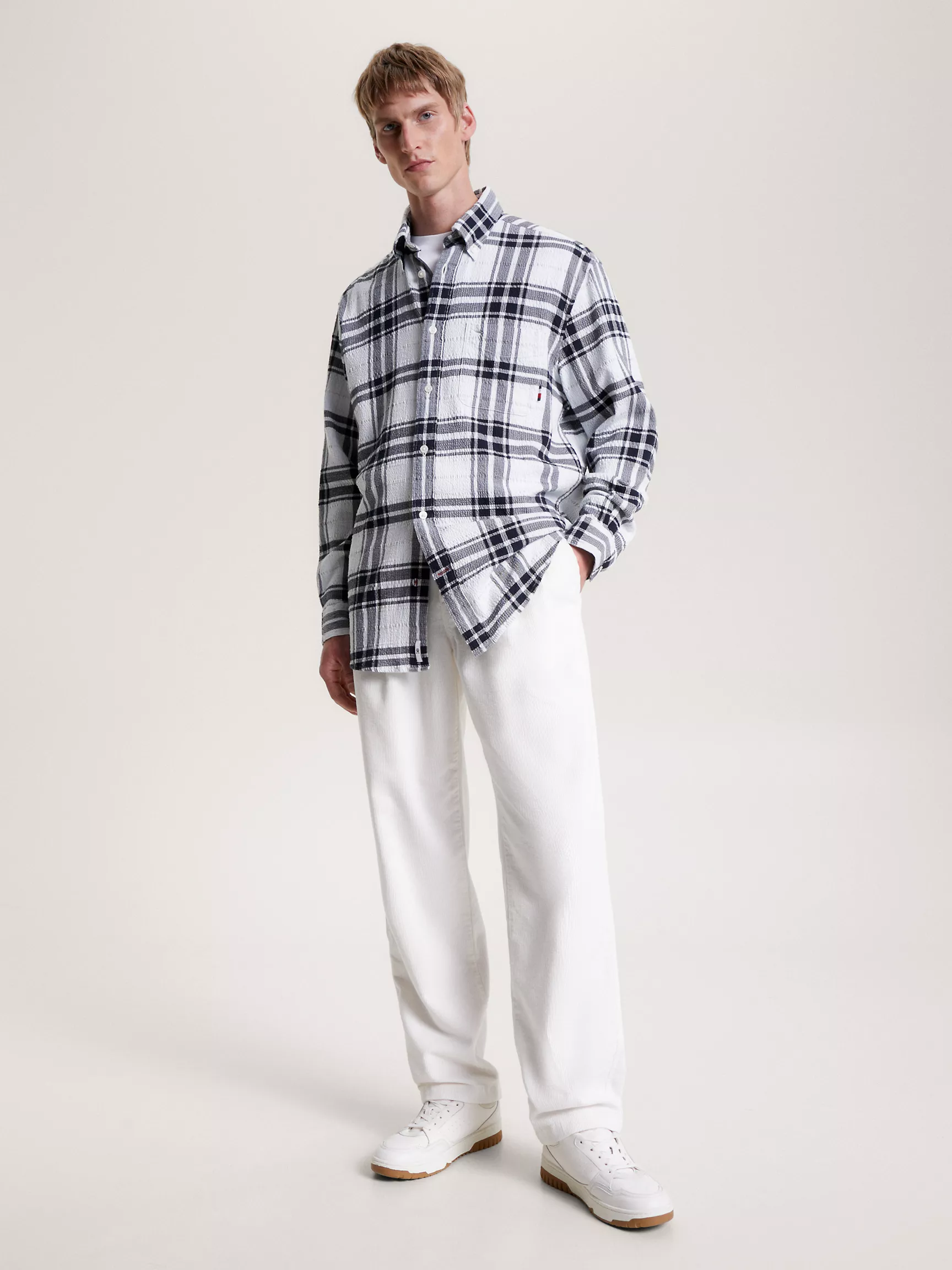 Мужская рубашка Tommy Hilfiger, Удлиненная рубашка в клетку тартан из жатого хлопка