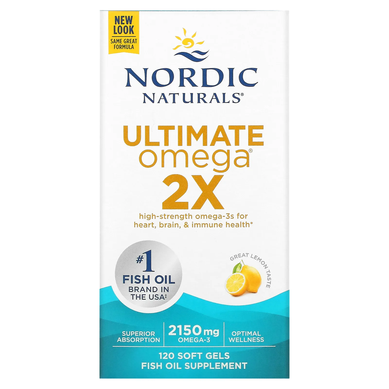 Nordic Naturals, Ultimate Omega 2X, высокоэффективные омега-3 кислоты, со вкусом лимона, 2150 мг, 120 капсул (1075 мг в 1 капсуле)