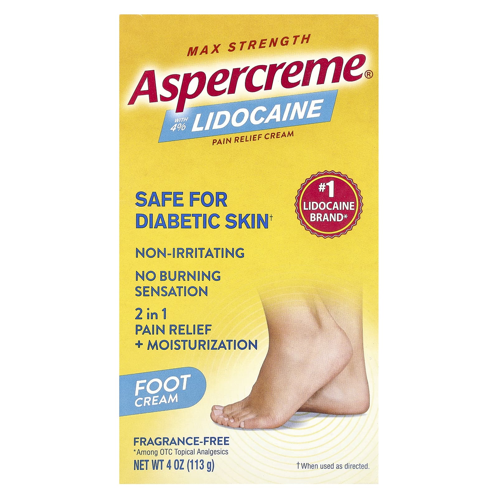 Aspercreme, Обезболивающий крем для ног с 4% лидокаином, максимальная сила действия, без отдушек, 113 г (4 унции)