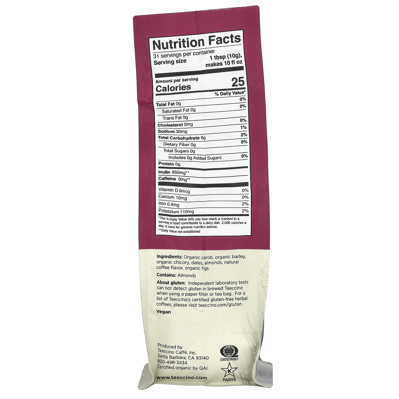 Teeccino, Травяной кофе из цикория, Java, средней обжарки, без кофеина, 312 г (11 унций)