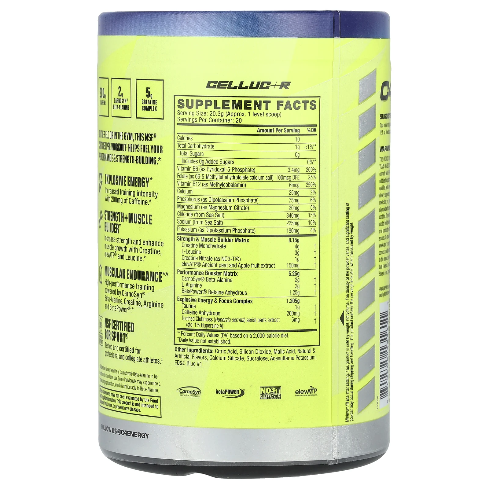 Cellucor, C4 Sport, Strength, предтренировочный комплекс, Hawaiian Punch®, ягодный синий тайфун, 406 г (14,3 унции)