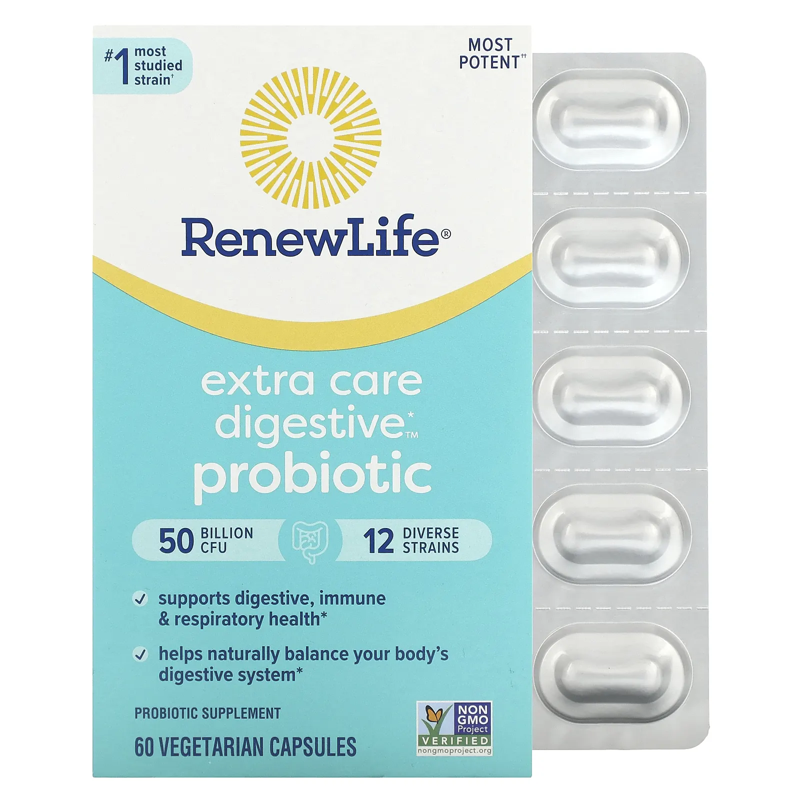 Renew Life, Пробиотик для пищеварительной системы, 50 млрд КОЕ, 60 вегетарианских капсул